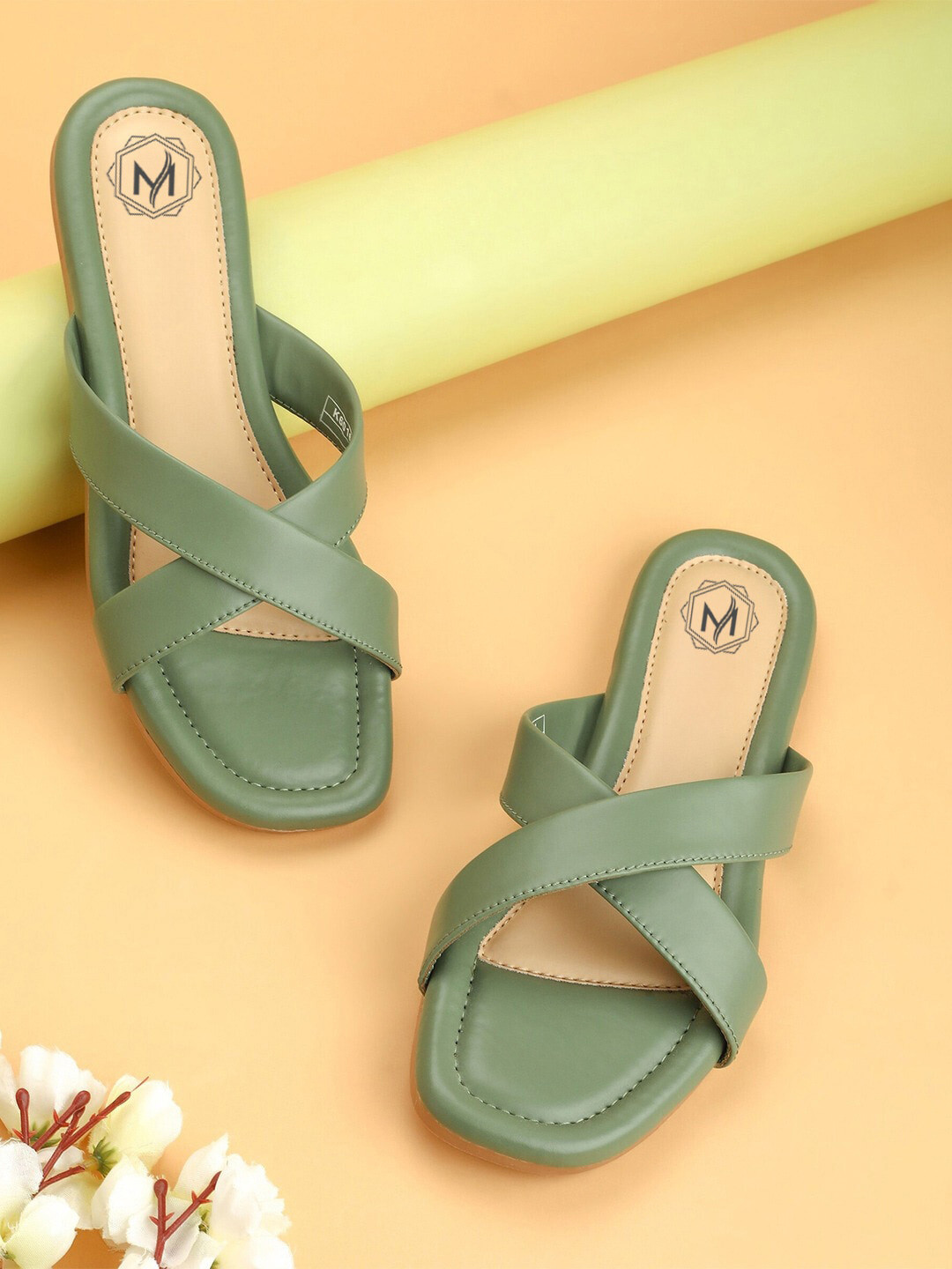 

Myra Cross Strap Open Toe Flats, Green