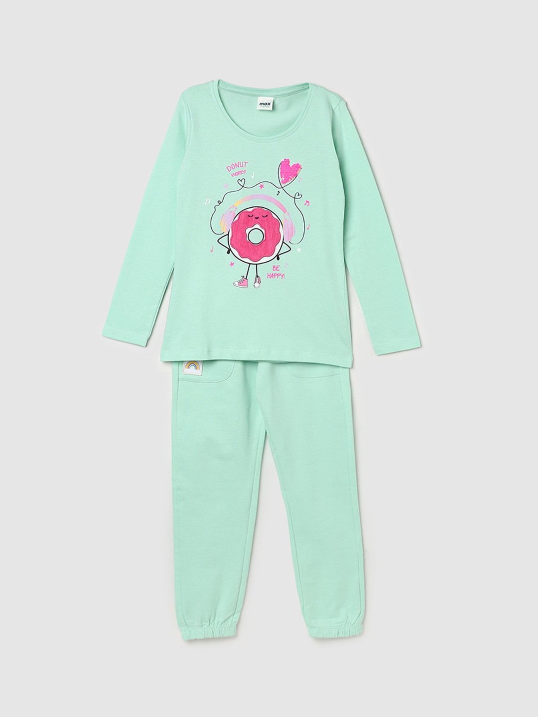 

max Girls Graphic Printed Pure Cotton Night suit, Green