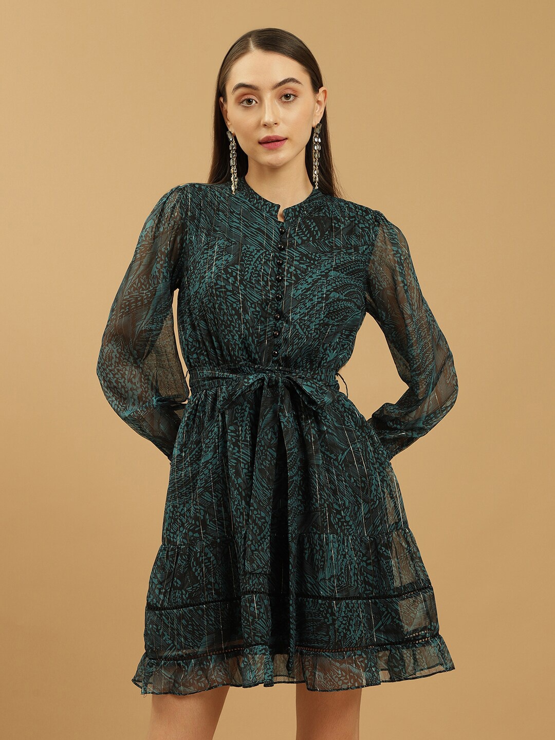 

Beatnik Abstract Printed Mandarin Collar Tie Up Fit & Flare Mini Dress, Black
