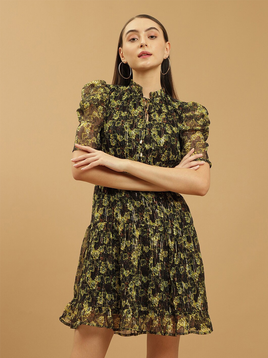 

Beatnik Floral Printed Tie Up Neck Puff Sleeves Fit & Flare Mini Dress, Green