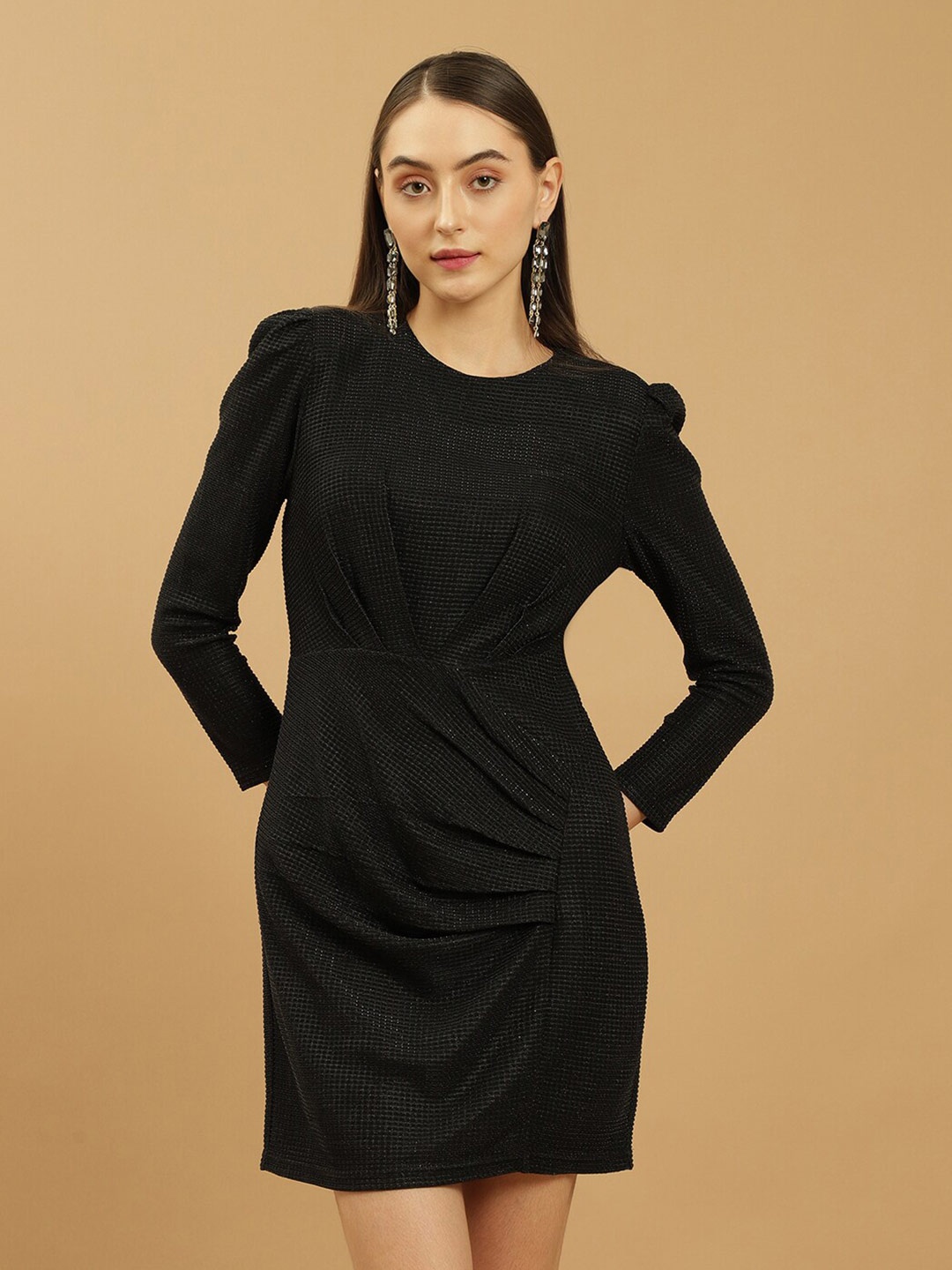 

Beatnik Puff Sleeves Pleated Detail Sheath Dress, Black