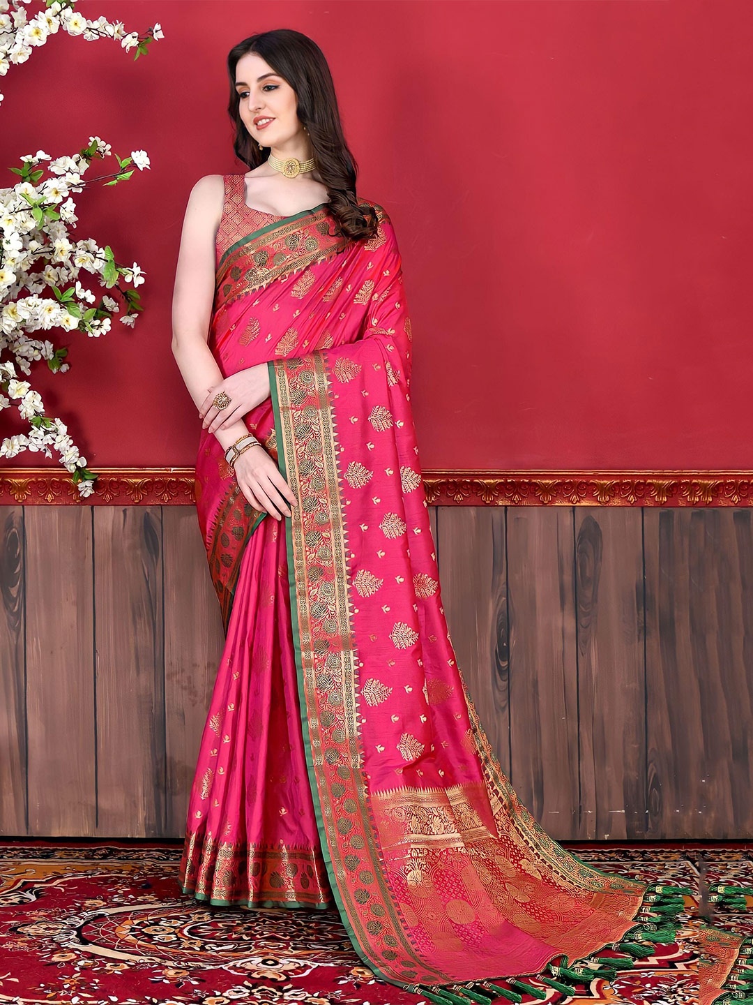 

MAGMINA Ethnic Woven Design Zari Silk Cotton Banarasi Saree, Pink