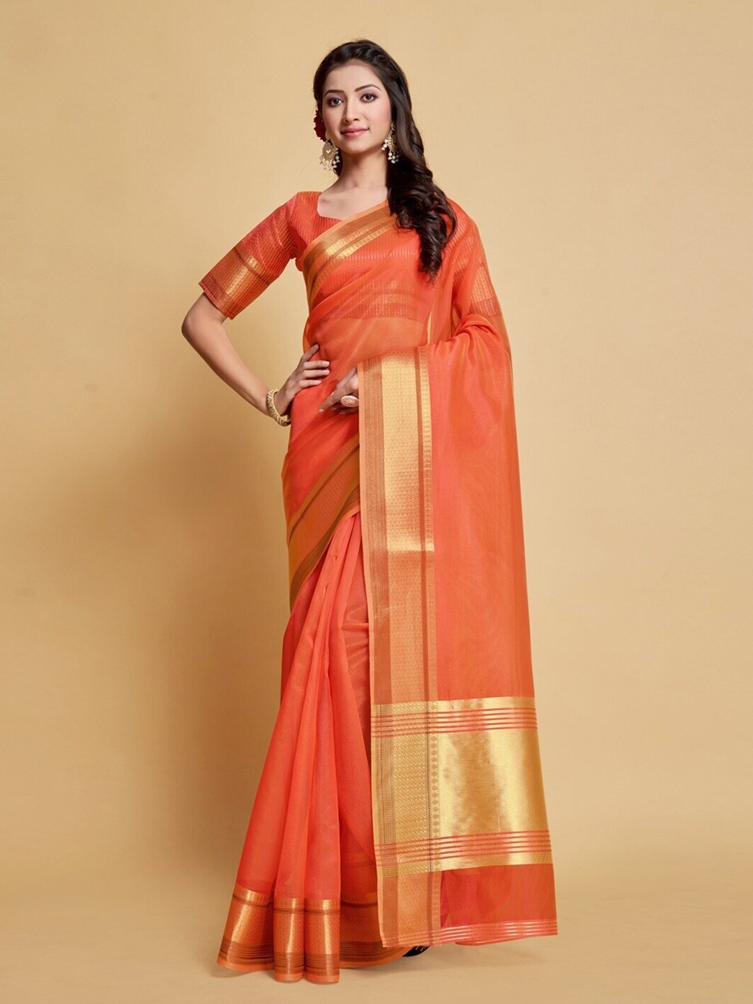 

MAGMINA Zari Organza Kanjeevaram Saree, Peach