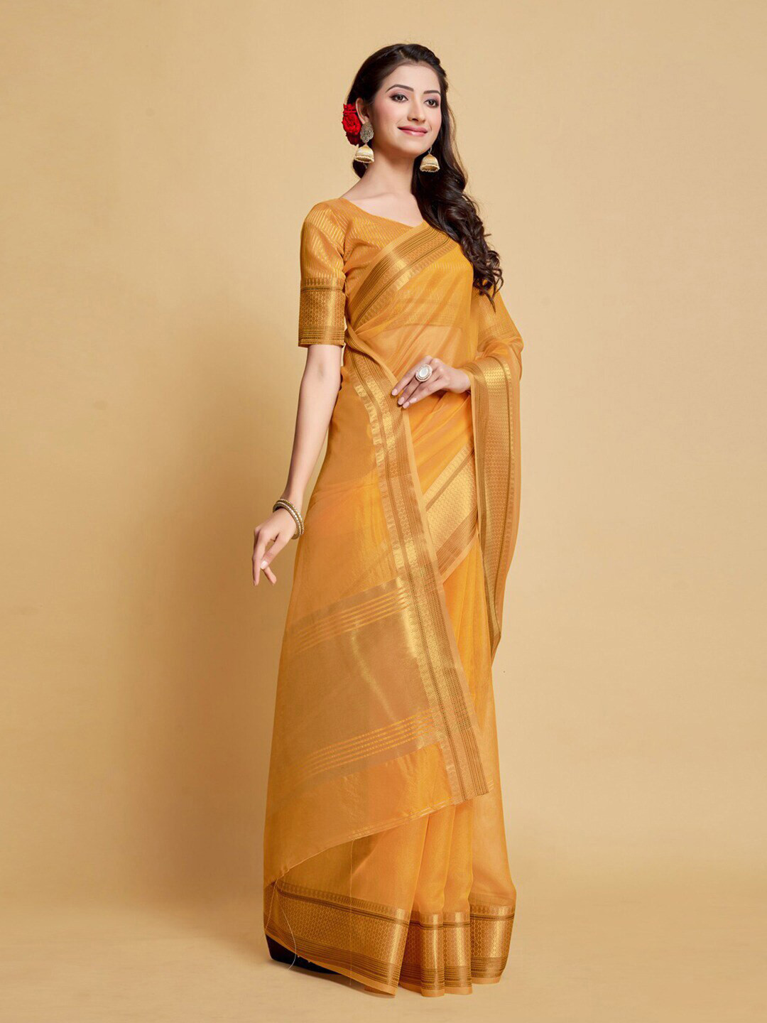 

MAGMINA Zari Pure Silk Kanjeevaram Saree, Mustard