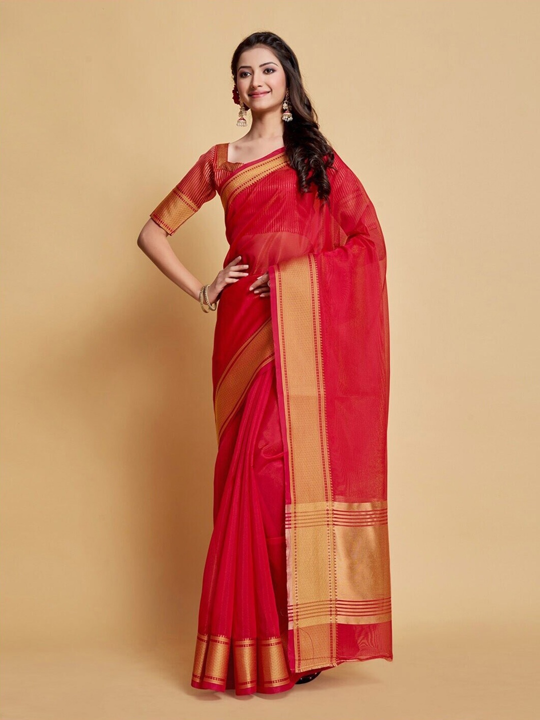 

MAGMINA Zari Kanjivaram Organza Saree, Pink