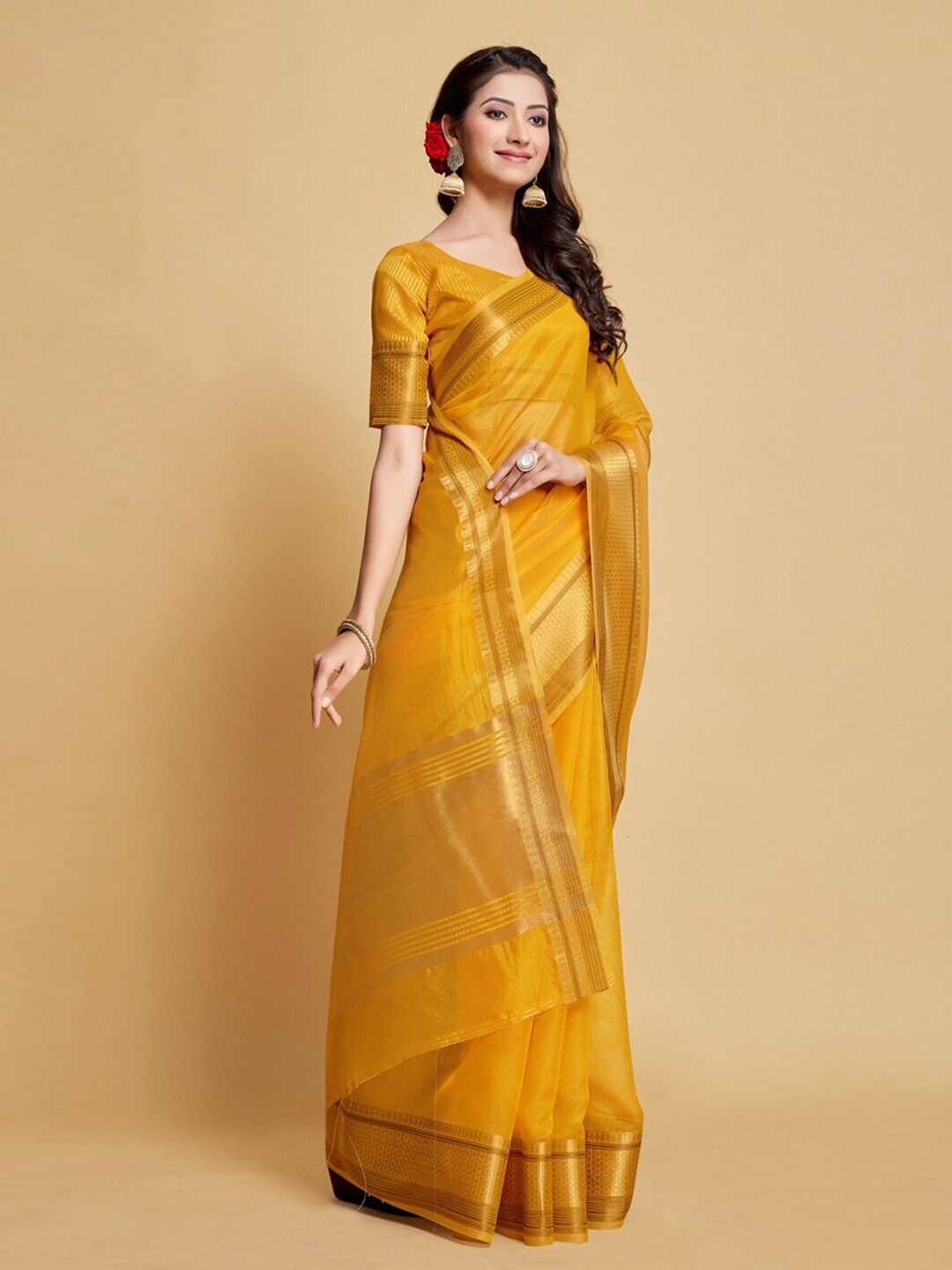 

MAGMINA Zari Pure Silk Narayan Peth Saree, Yellow