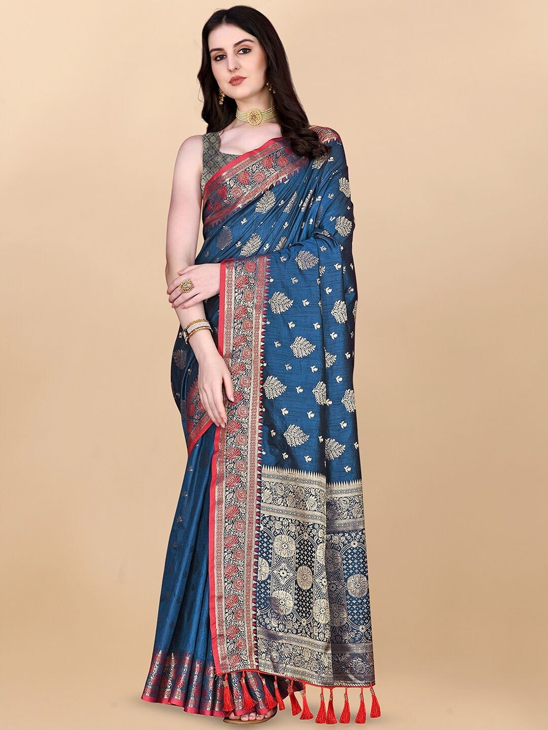 

MAGMINA Ethnic Woven Design Zari Silk Cotton Banarasi Saree, Blue