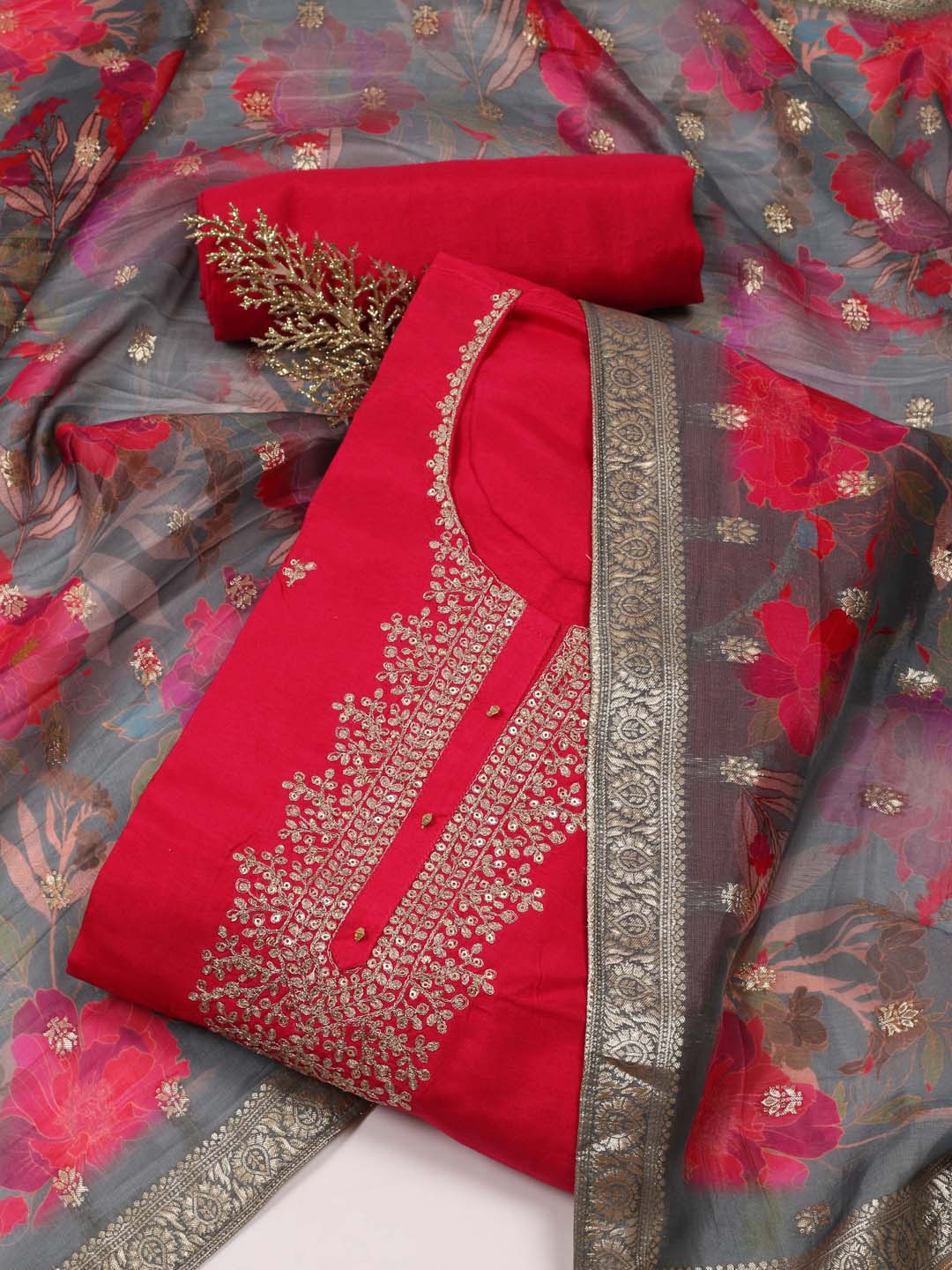 

Meena Bazaar Floral Embroidered Sequinned Unstitched Dress Material, Pink