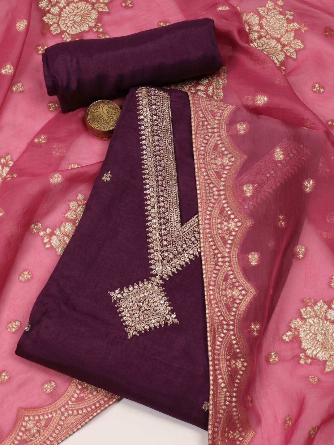 

Meena Bazaar Ethnic Motifs Embroidered Unstitched Dress Material, Purple