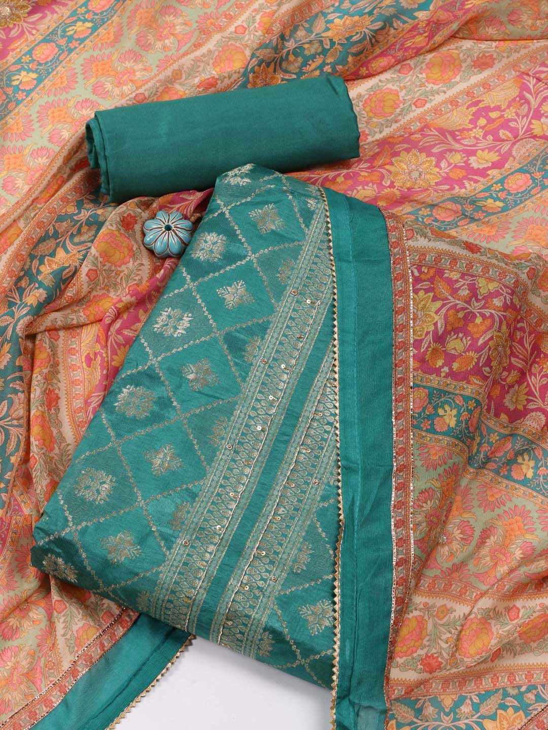 

Meena Bazaar Floral Woven Design Unstitched Dress Material, Sea green