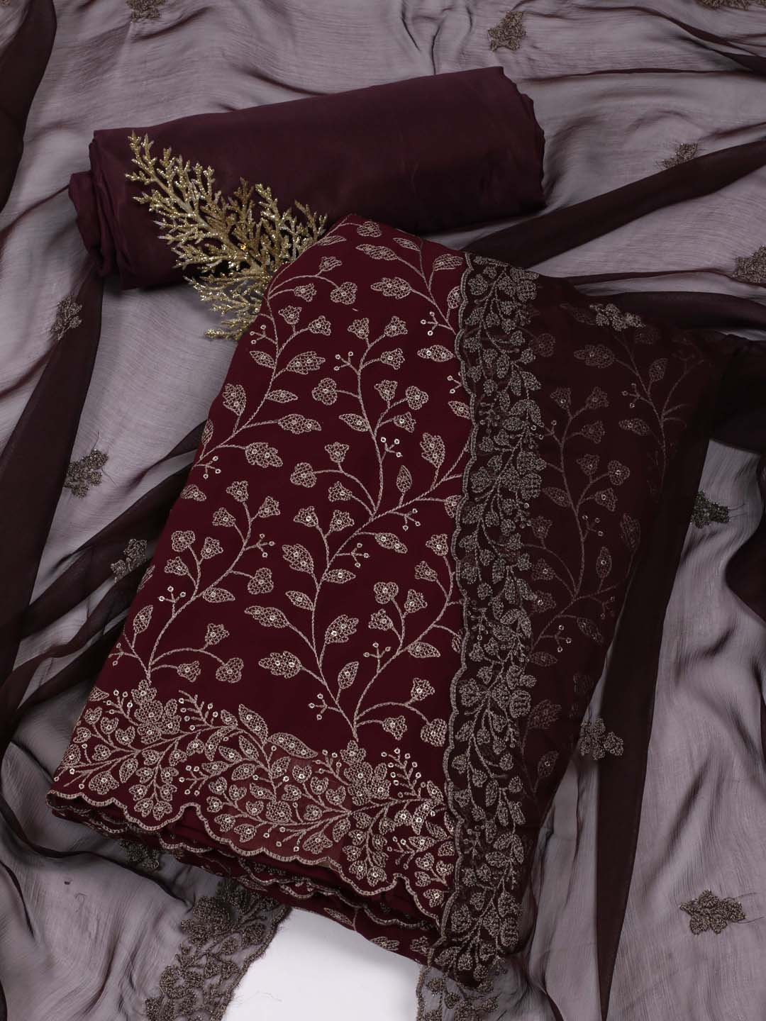 

Meena Bazaar Ethnic Motifs Embroidered Unstitched Dress Material, Burgundy