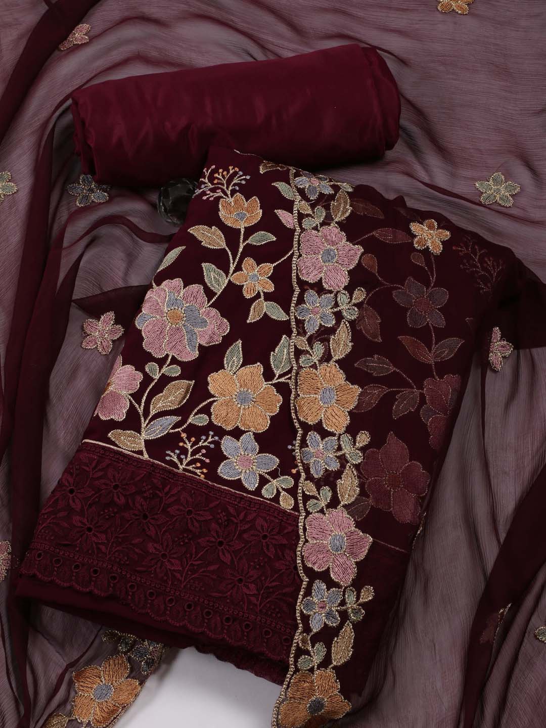 

Meena Bazaar Floral Embroidered Unstitched Dress Material, Burgundy