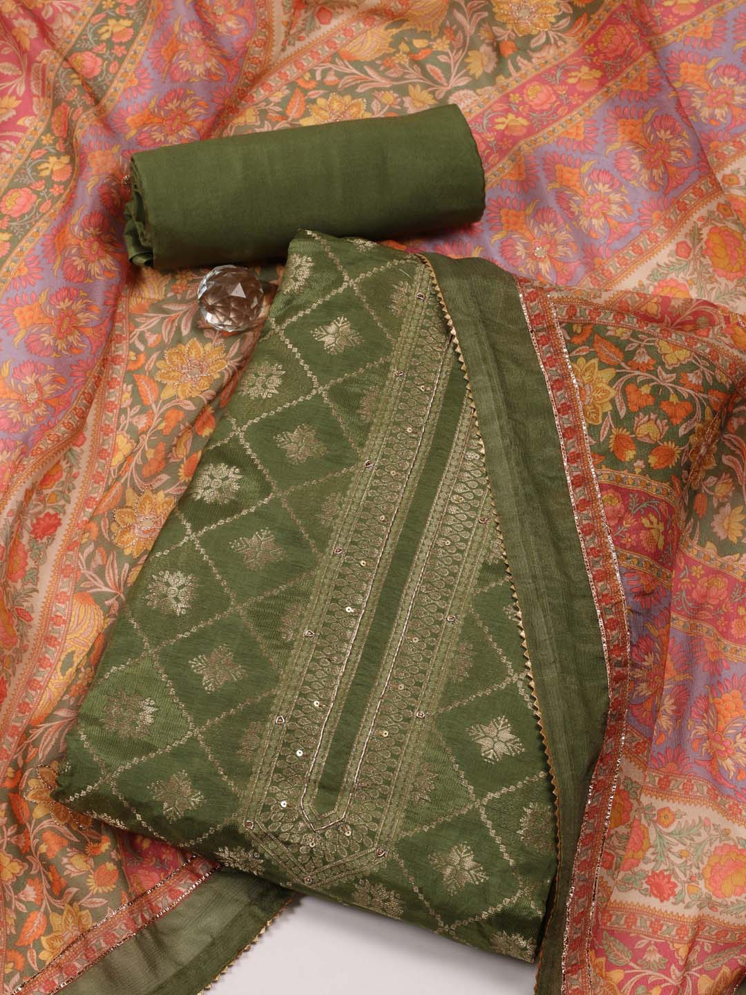 

Meena Bazaar Ethnic Motifs Woen Design Sequinned Unstitched Dress Material, Green