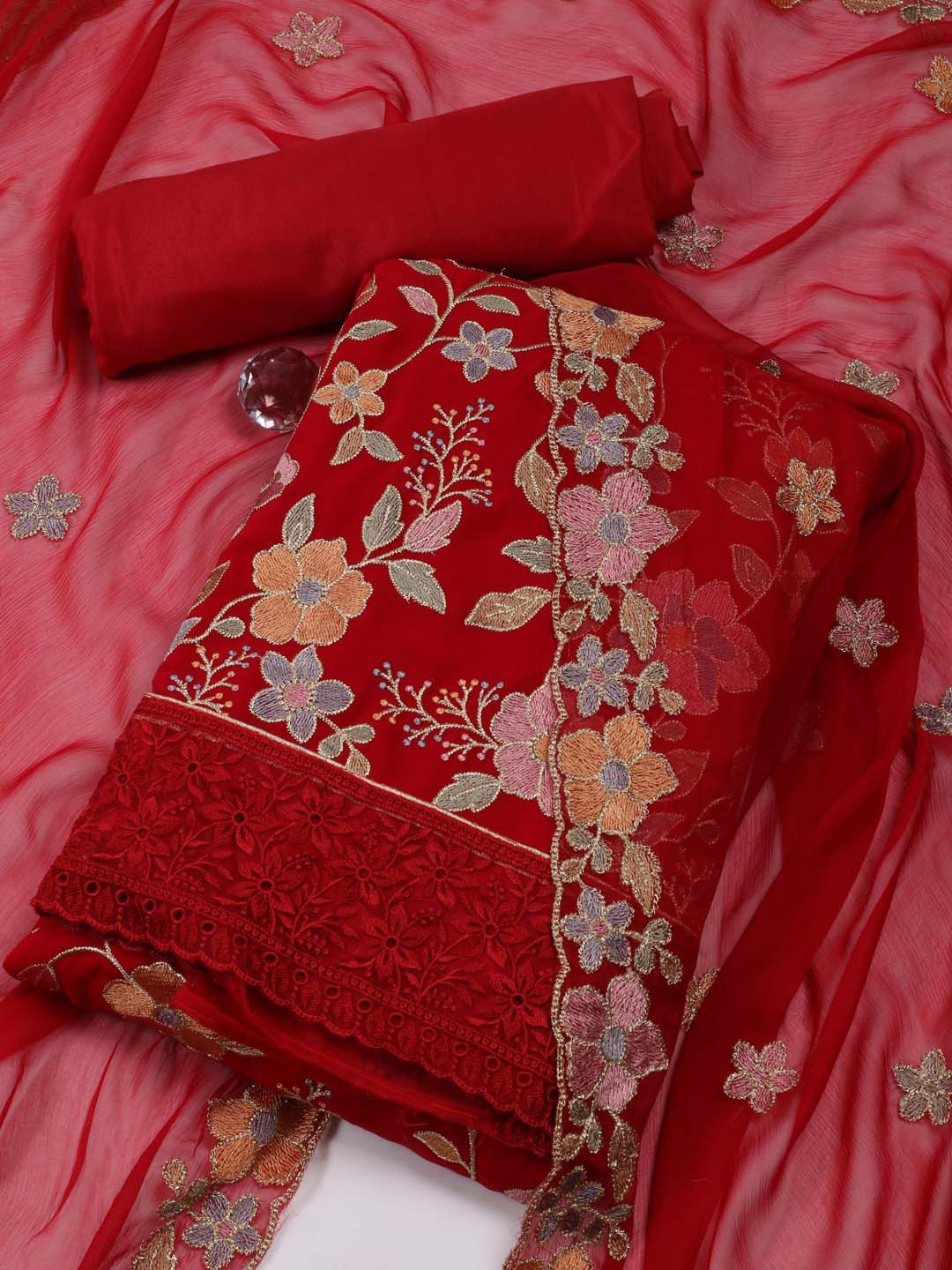 

Meena Bazaar Floral Embroidered Unstitched Dress Material, Red