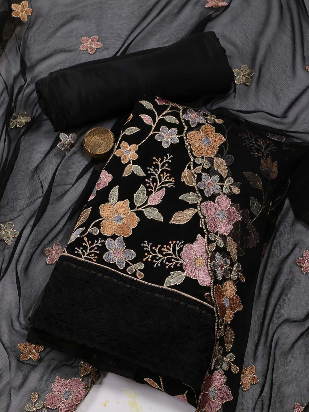 

Meena Bazaar Floral Embroidered Unstitched Dress Material, Black