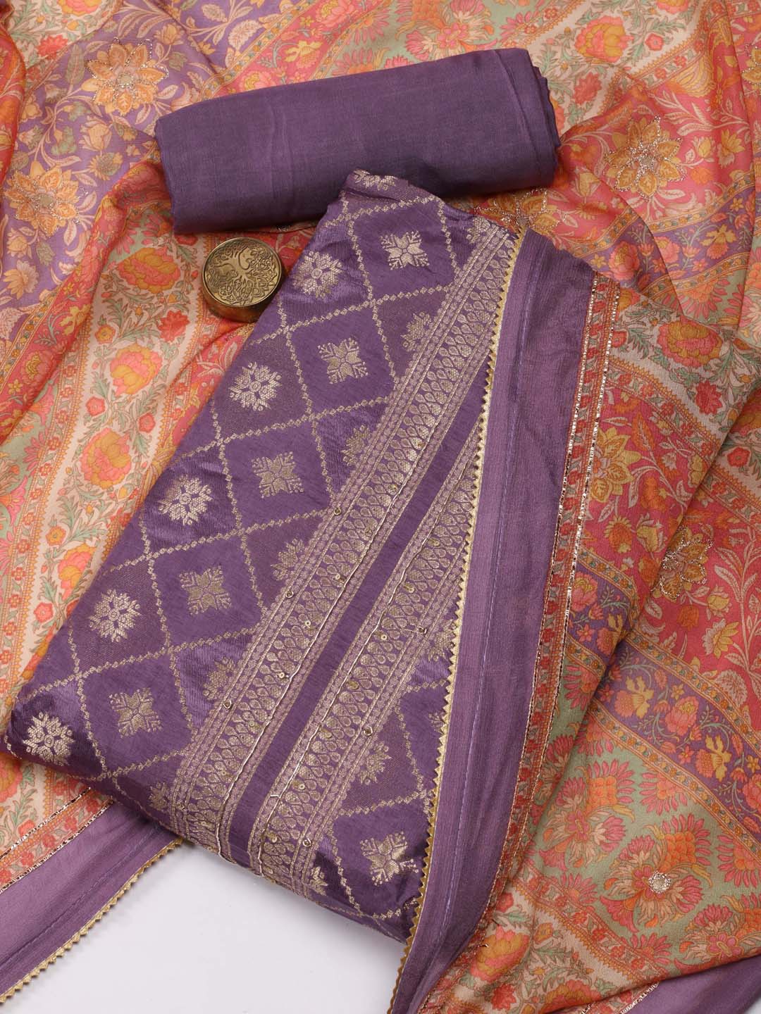 

Meena Bazaar Ethnic Motifs Woven Design Unstitched Dress Material, Purple