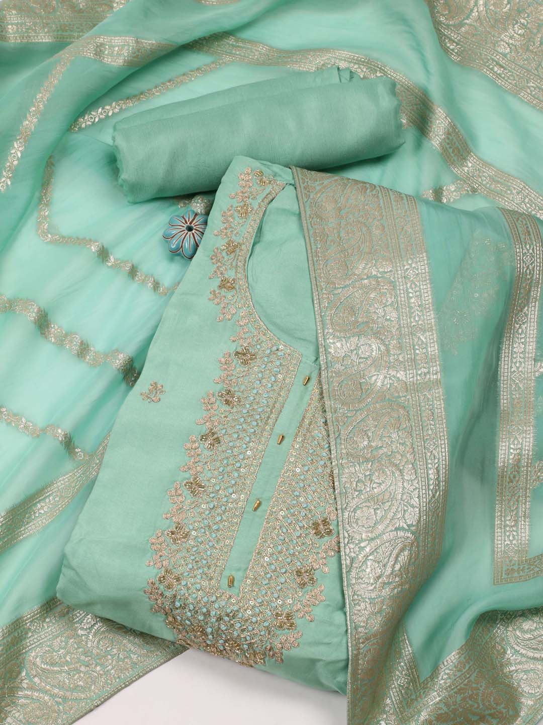 

Meena Bazaar Embroidered Unstitched Dress Material, Sea green
