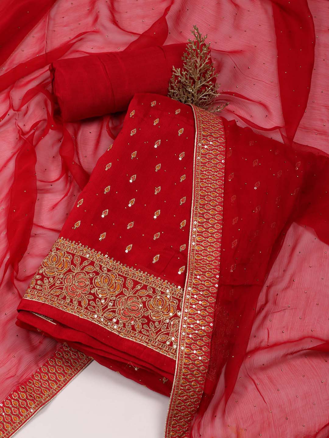 

Meena Bazaar Embroidered Unstitched Dress Material, Red