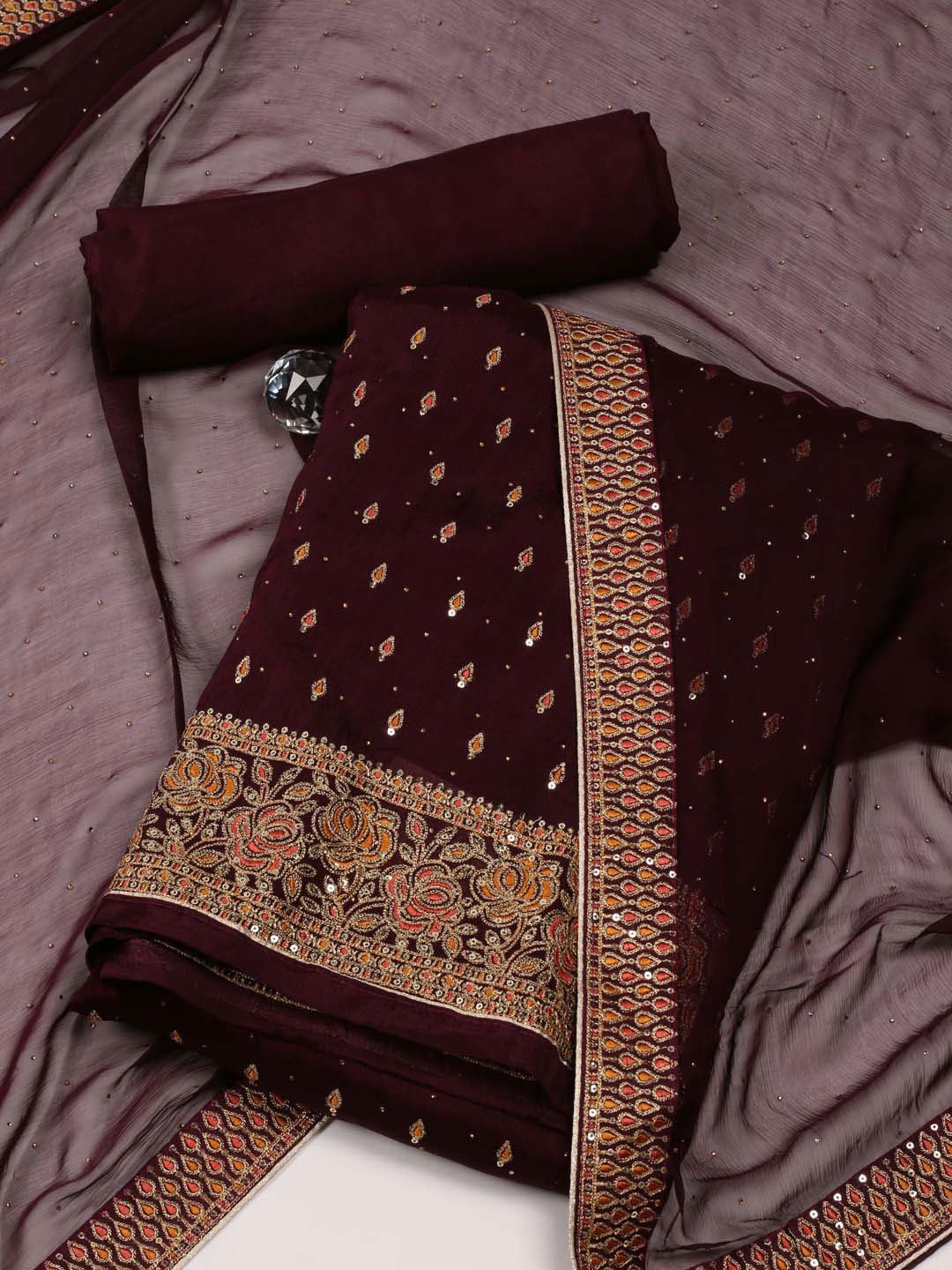 

Meena Bazaar Embroidered Unstitched Dress Material, Burgundy