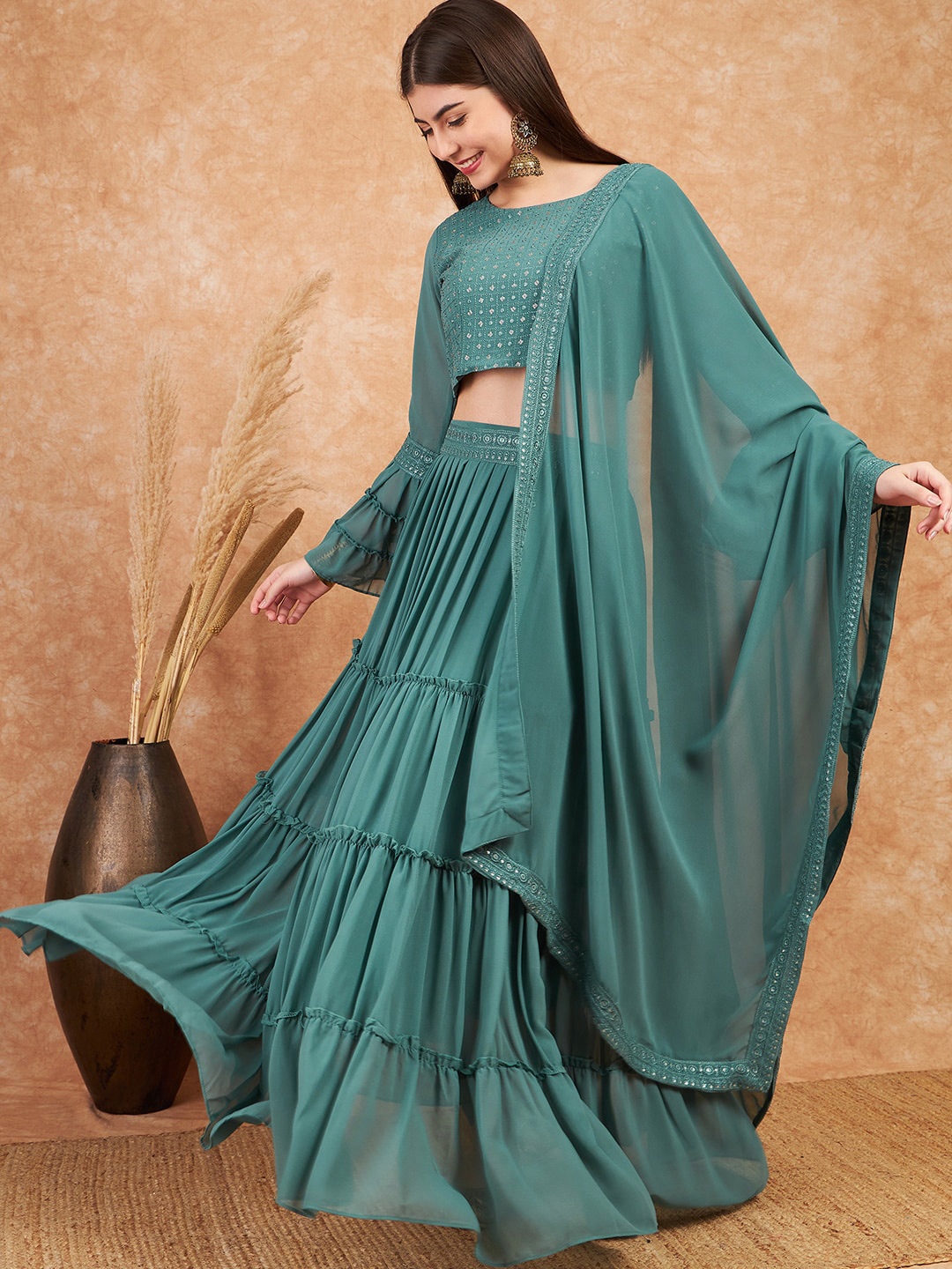 

Sangria Sequence Embroidered Flared Lehenga Choli With Dupatta, Teal