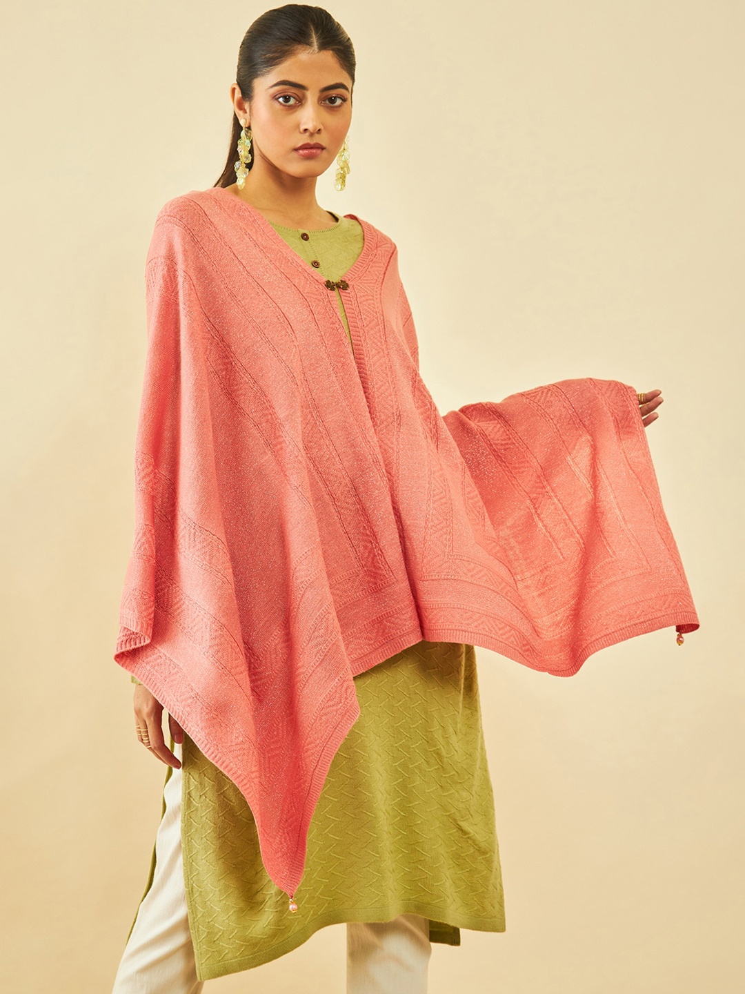 

Soch Peach-Coloured Woven-Design Acrylic Shawl