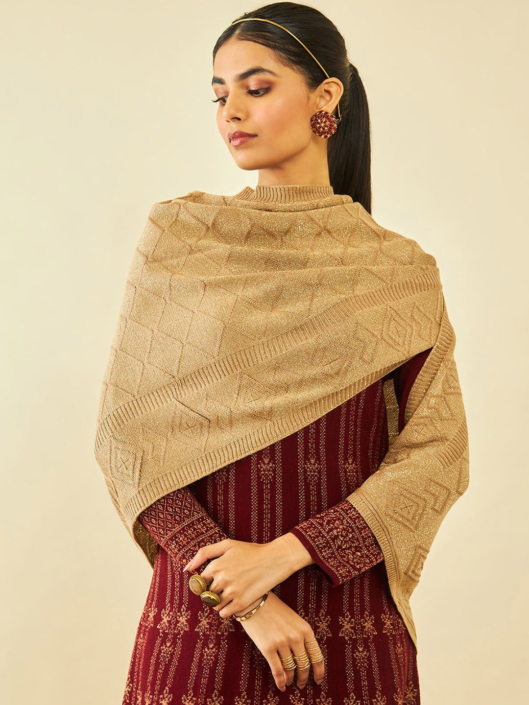 

Soch Geometric Woven Design Acrylic Shawl, Beige