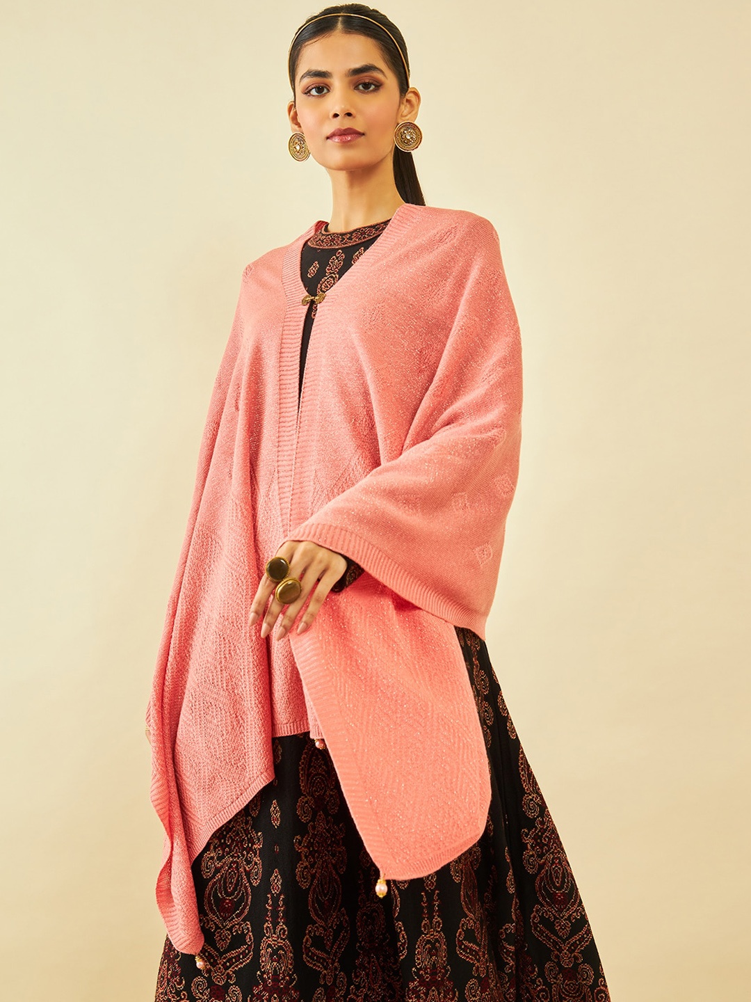 

Soch Floral Woven Design Acrylic Shawl, Peach