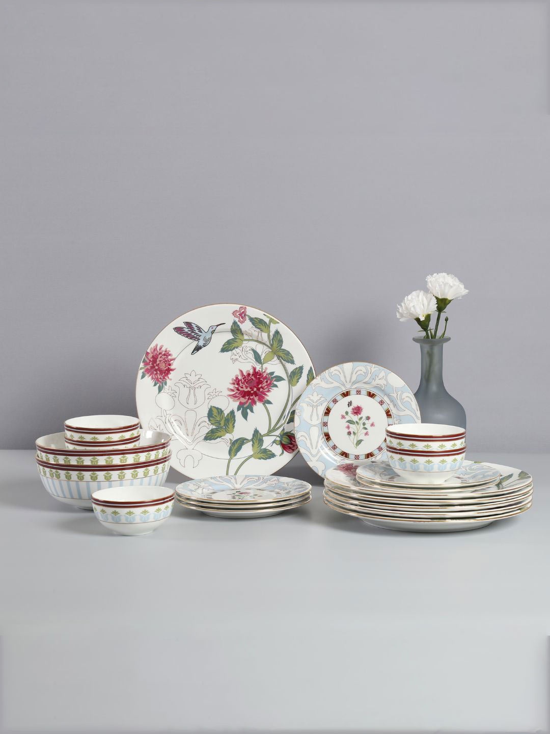 

India Circus 20 Pieces White & Red Floral Printed Bone China Glossy Dinner Set