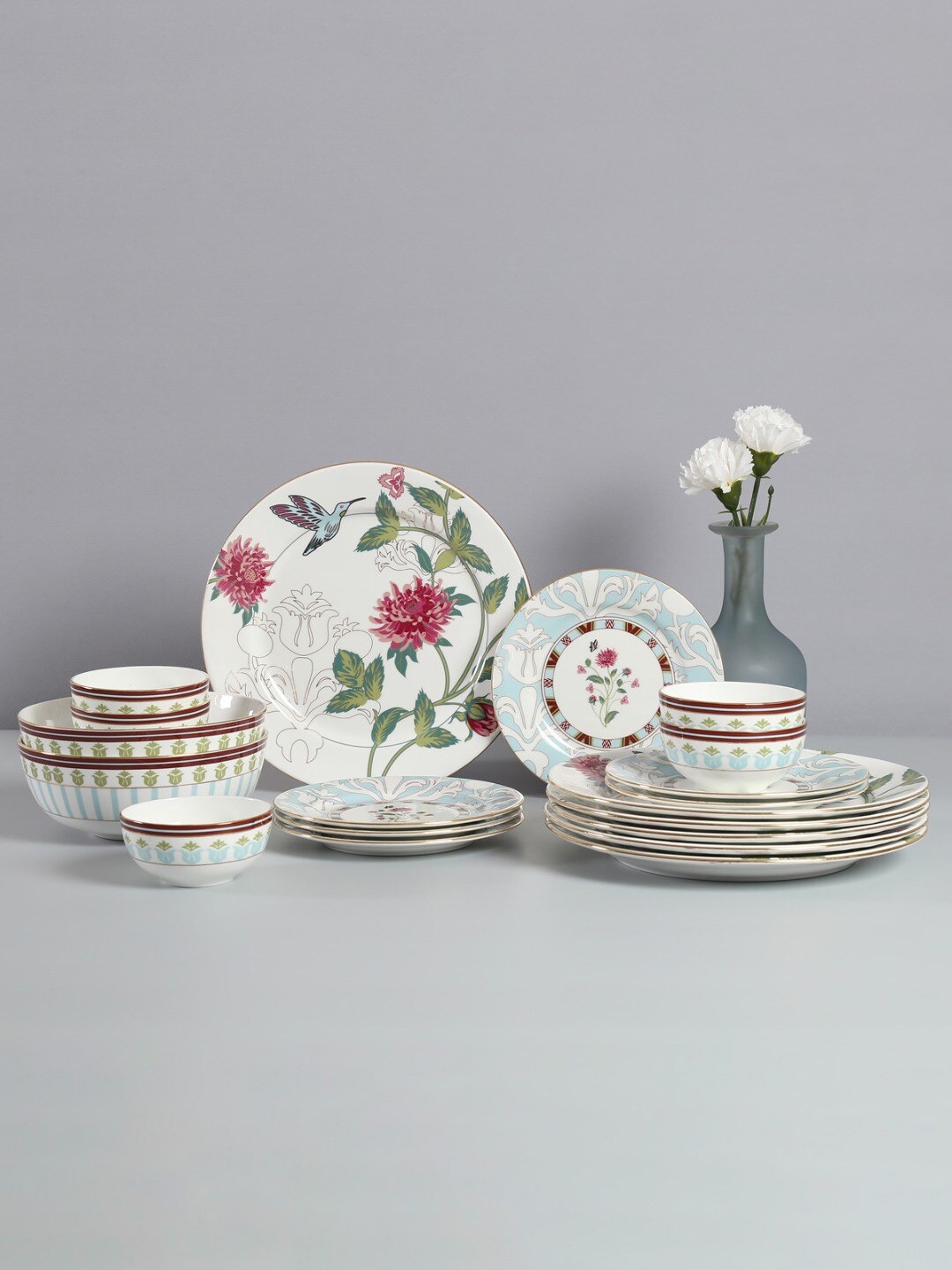 

India Circus White & Blue 20 Pieces Floral Printed Bone China Glossy Dinner Set