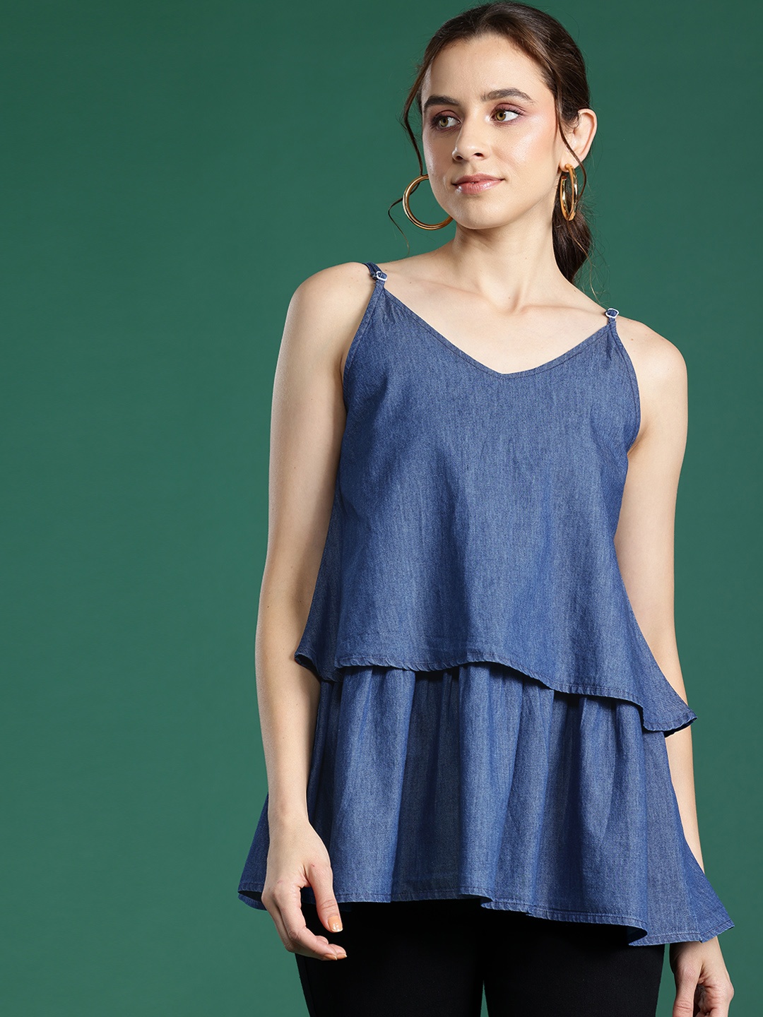 

DressBerry Layered Indigo Denim Cotton Top, Blue