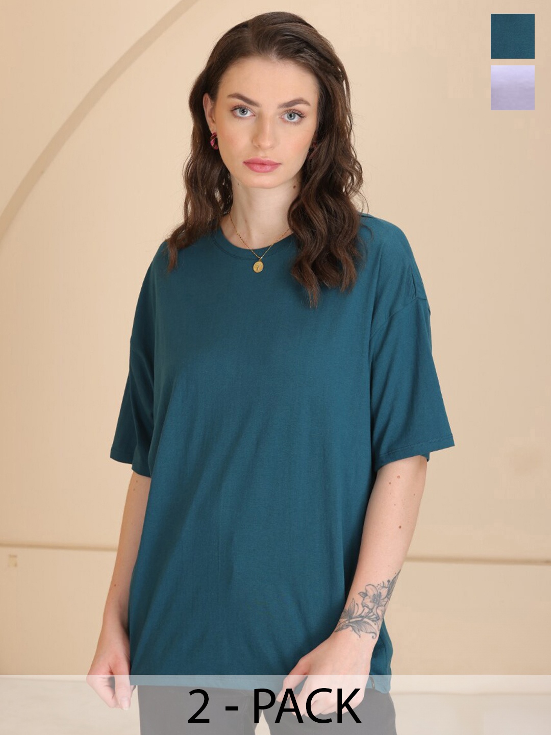 

TITTLI Pack Of 2 Round Neck Drop-Shoulder Sleeves Pure Cotton Oversized T-shirt, Green
