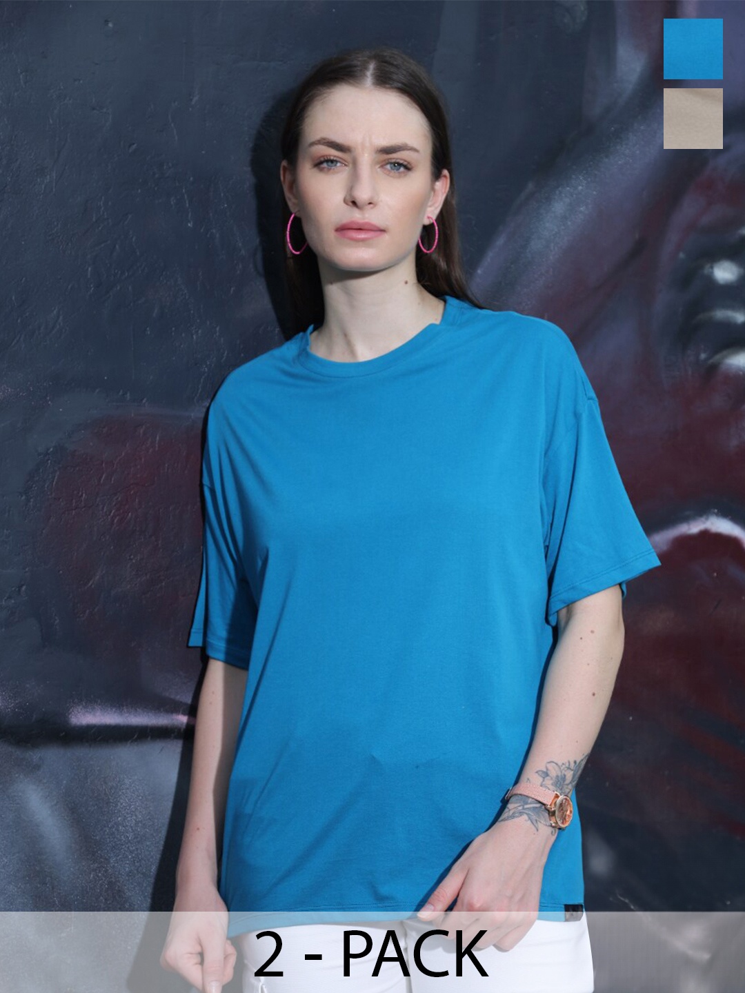 

TITTLI Pack Of 2 Drop-Shoulder Sleeves Pure Cotton Longline Oversized T-shirt, Blue