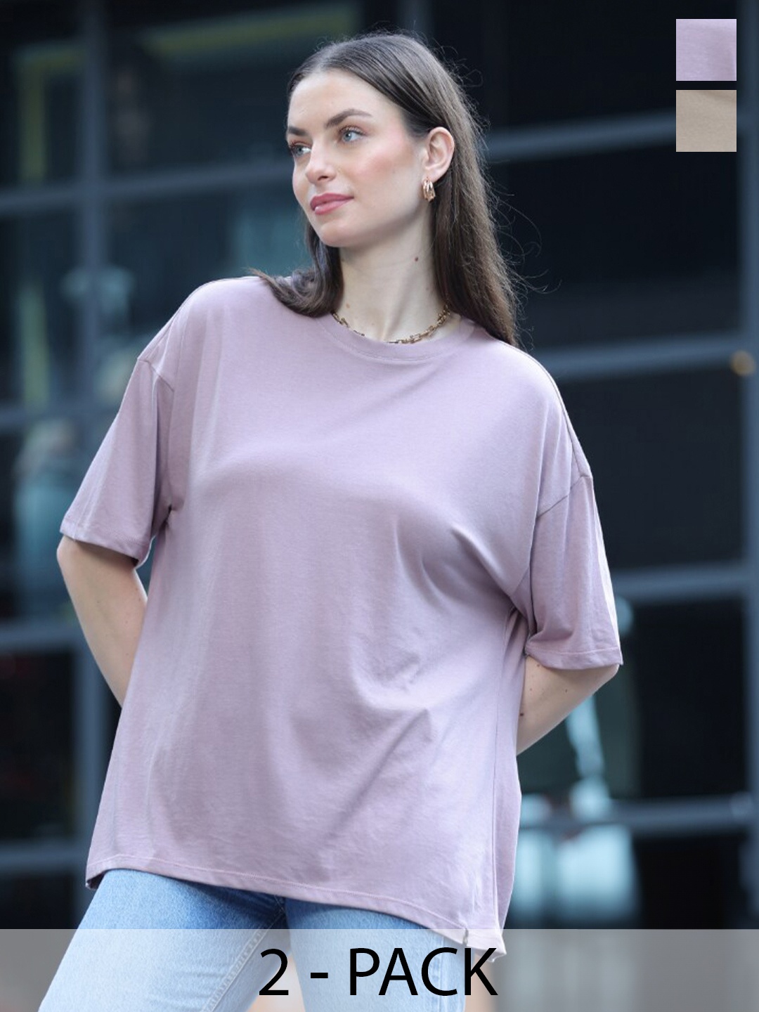 

TITTLI Pack Of 2 Drop-Shoulder Sleeves Pure Cotton Oversized T-shirt, Purple
