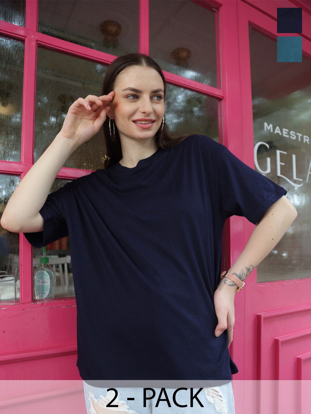 

TITTLI Pack Of 2 Drop-Shoulder Sleeves Oversized Pure Cotton T-shirt, Navy blue