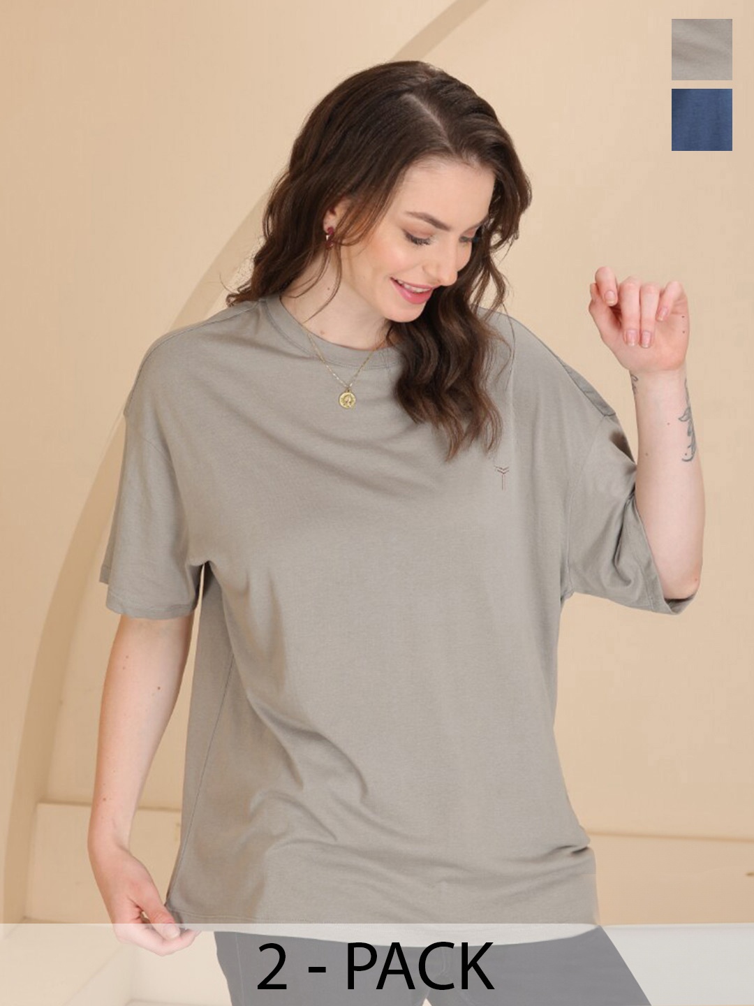 

TITTLI Pack Of 2 Round Neck Drop-Shoulder Sleeves Pure Cotton Oversized T-shirt, Grey