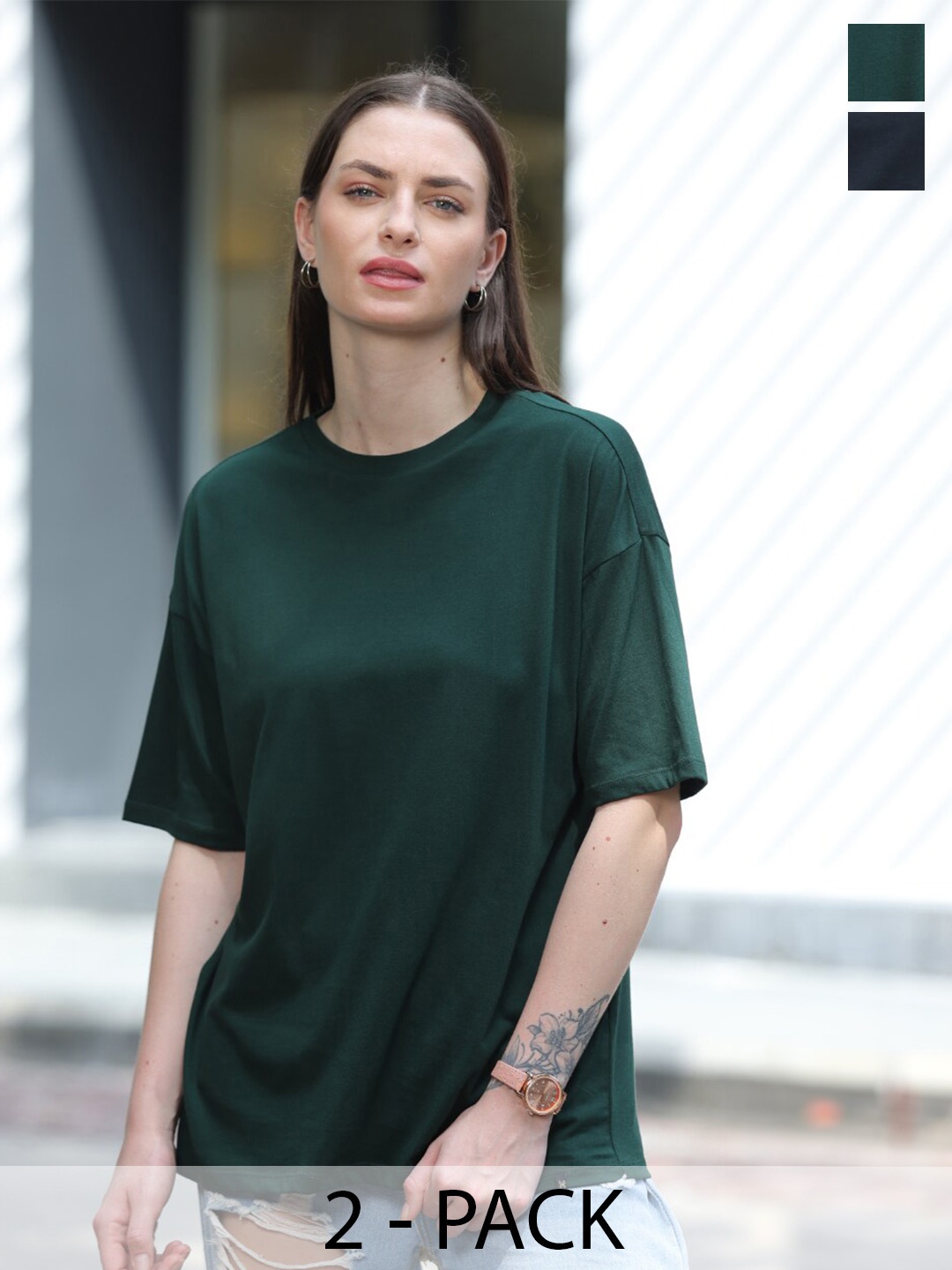 

TITTLI Pack Of 2 Oversized Longline Pure Cotton T-shirts, Green