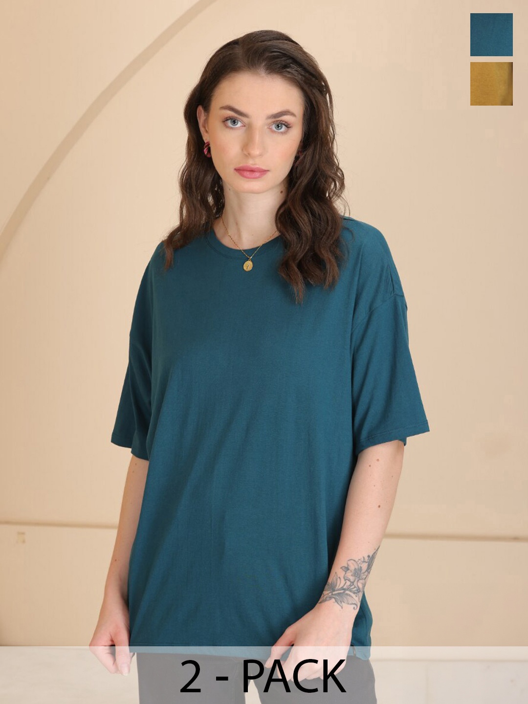 

TITTLI Pack Of 2 Drop-Shoulder Sleeves Oversized Pure Cotton T-shirt, Blue