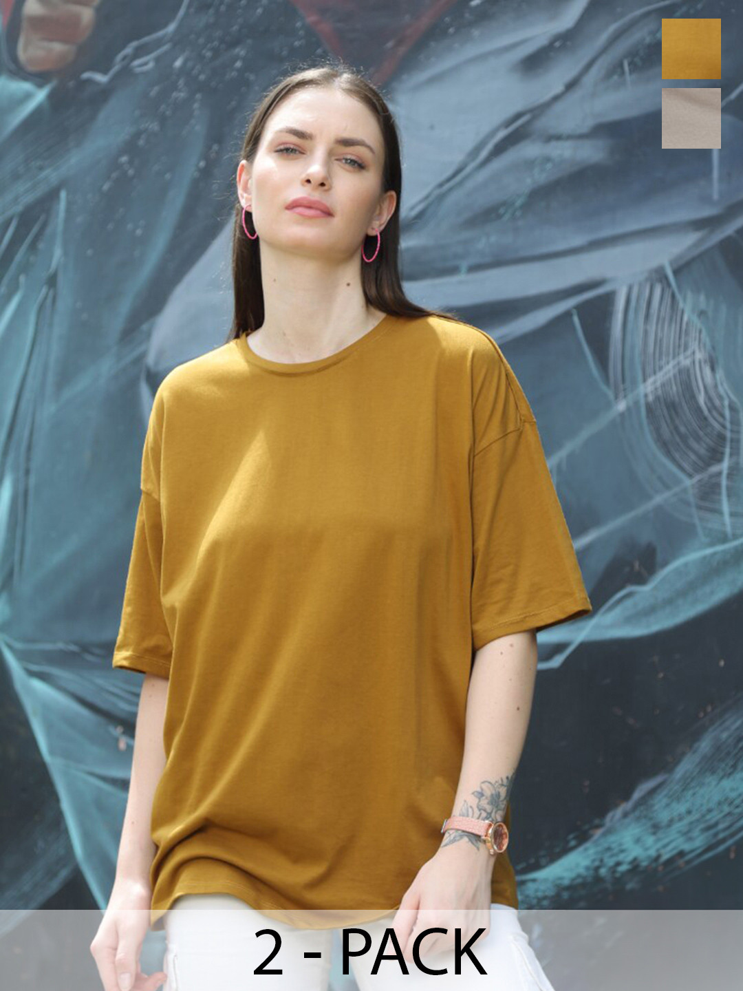 

TITTLI Pack Of 2 Drop-Shoulder Sleeves Pure Cotton Longline Oversized T-shirt, Mustard