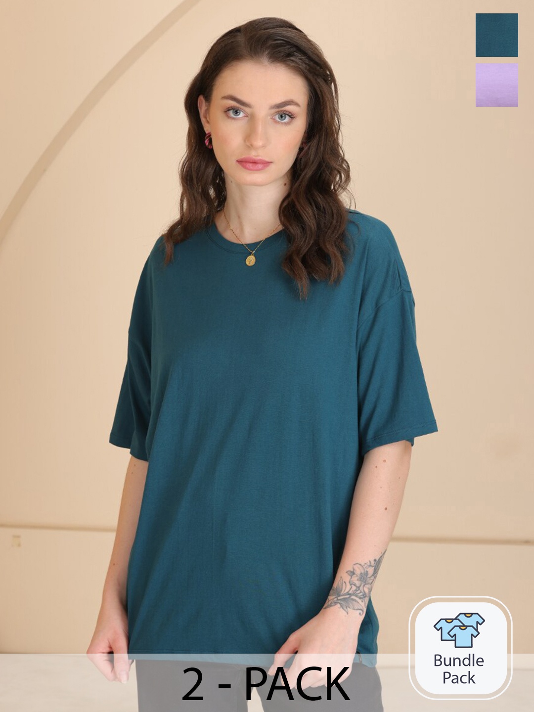 

TITTLI Pack Of 2 Pure Cotton Drop-Shoulder Sleeves Oversized T-shirt, Teal