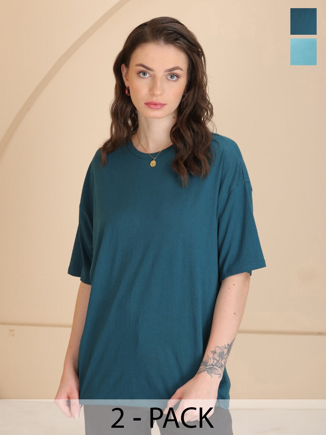 

TITTLI Pack Of 2 Round Neck Pure Cotton Oversized T-shirts, Blue