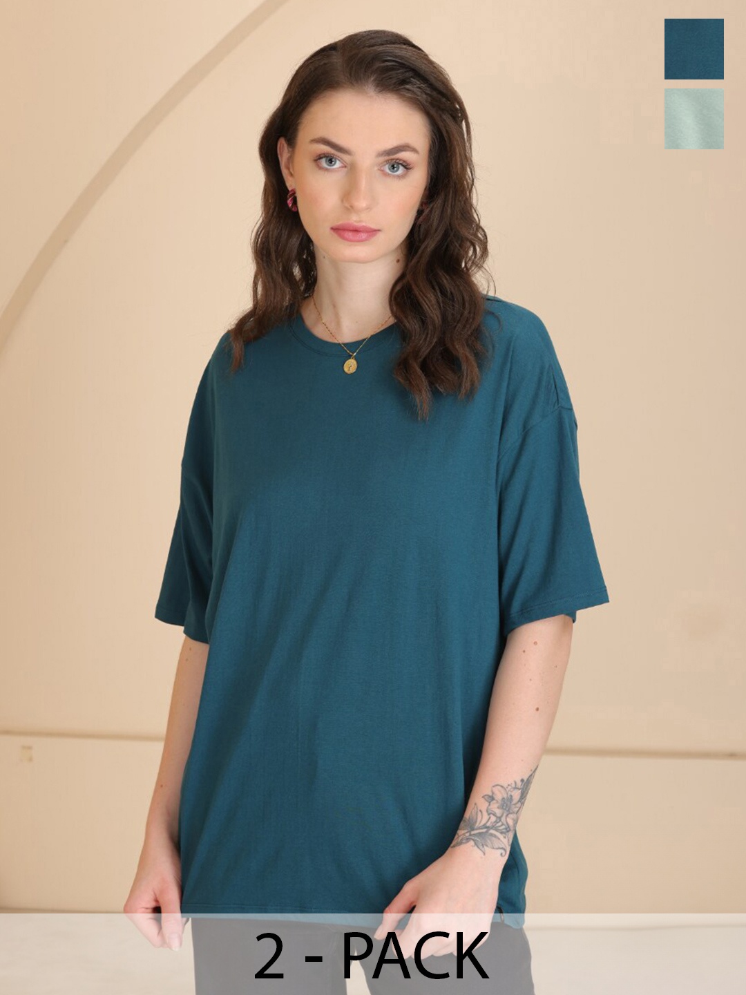 

TITTLI Pack Of 2 Round Neck Drop-Shoulder Sleeves Pure Cotton Oversized T-shirt, Green