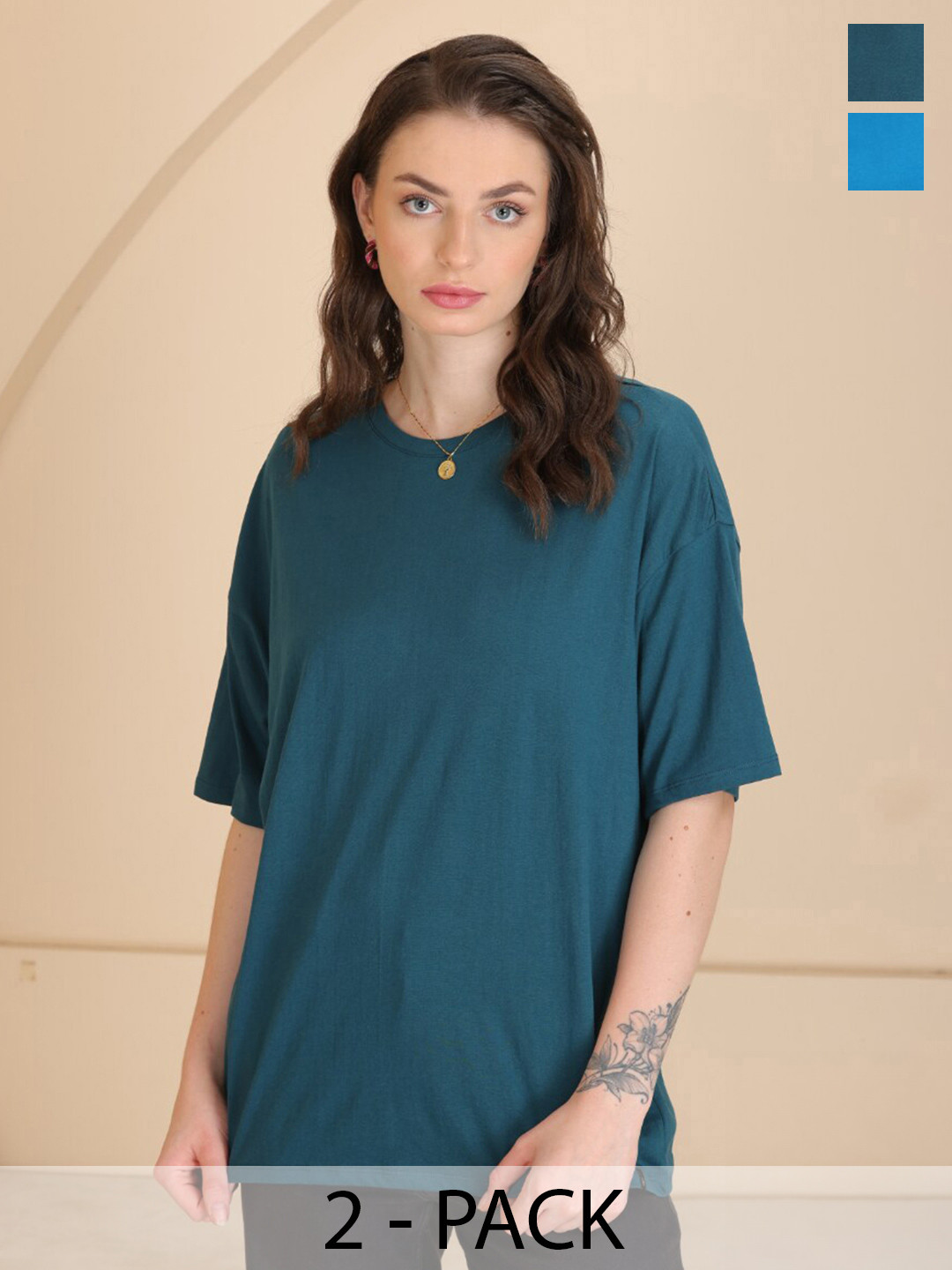 

TITTLI Pack of 2 Pure Cotton Oversized T-shirts, Teal
