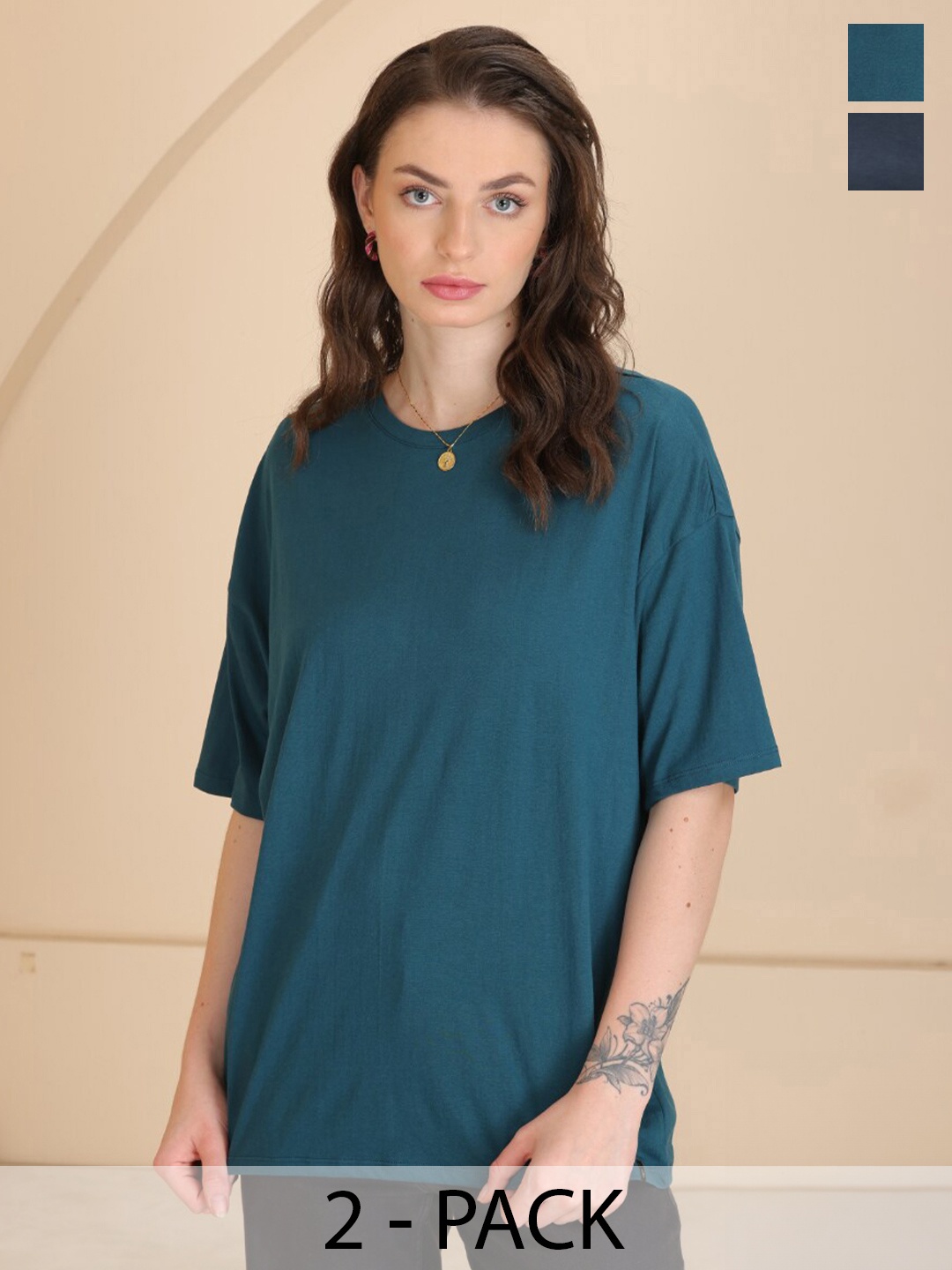 

TITTLI Pack Of 2 Drop-Shoulder Sleeves Oversized Pure Cotton T-shirt, Teal