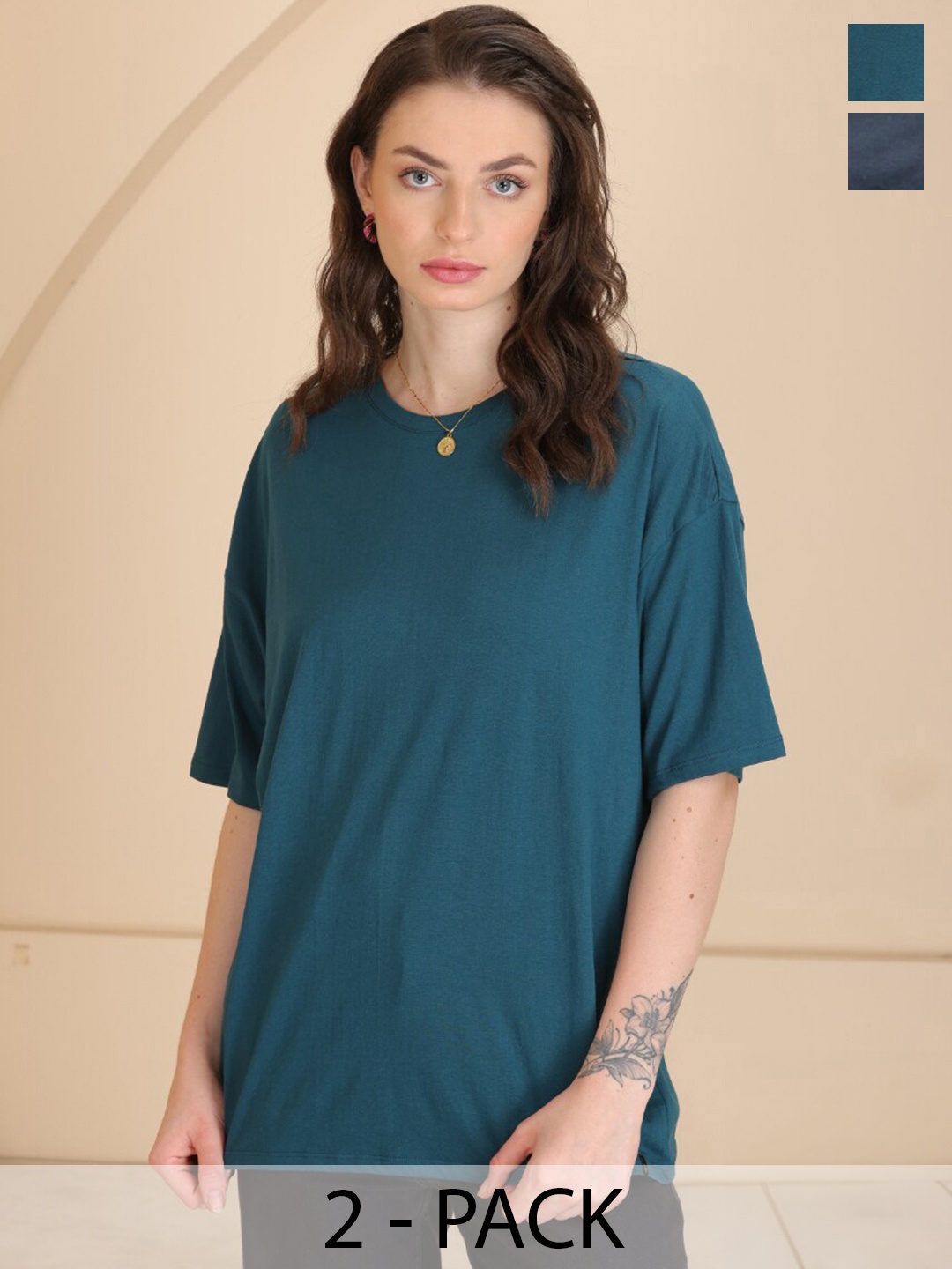 

TITTLI Pack Of 2 Oversized Longline Pure Cotton T-shirts, Teal