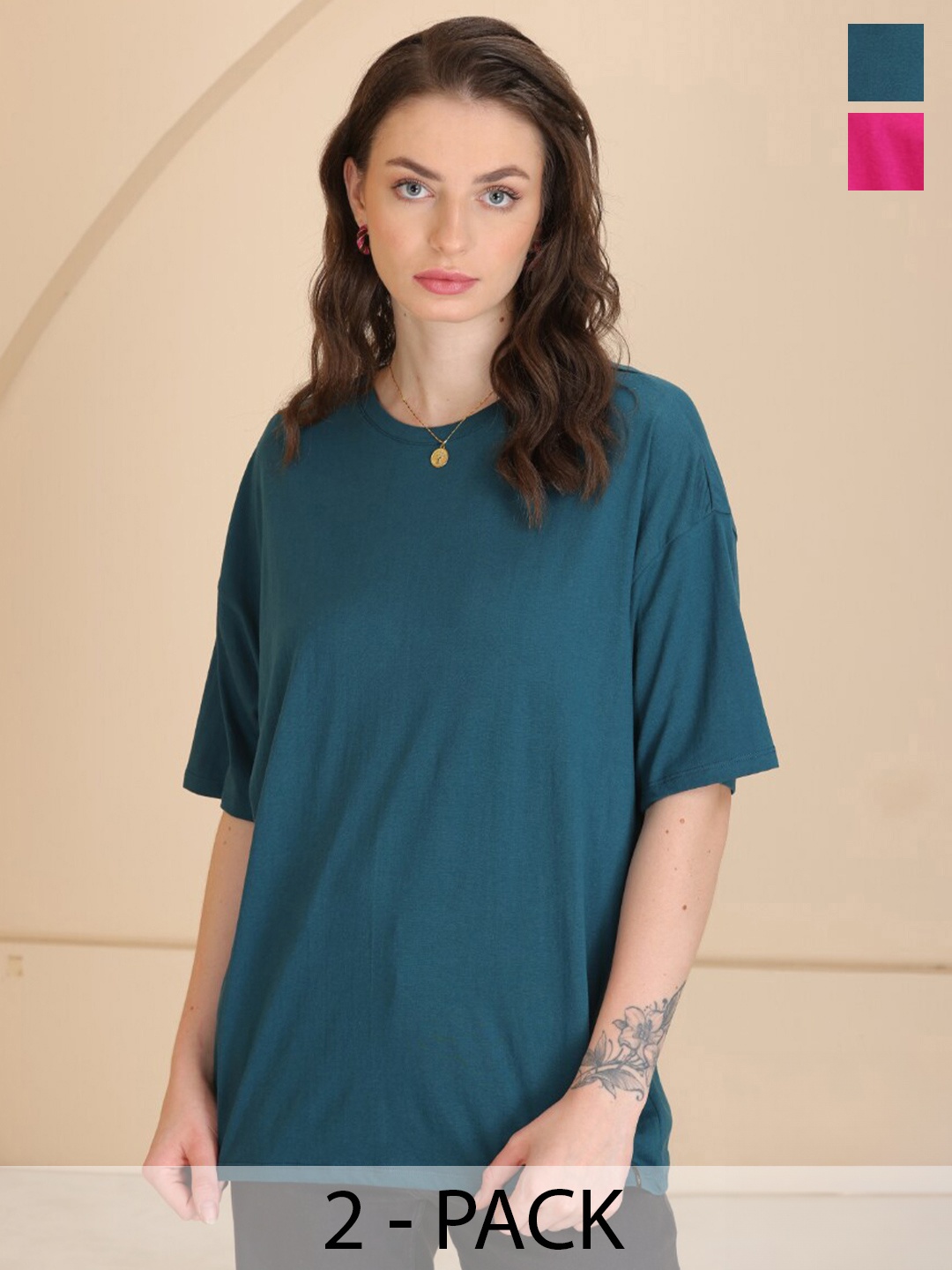 

TITTLI Pack Of 2 Round Neck Drop-Shoulder Sleeves Pure Cotton Oversized T-shirt, Green