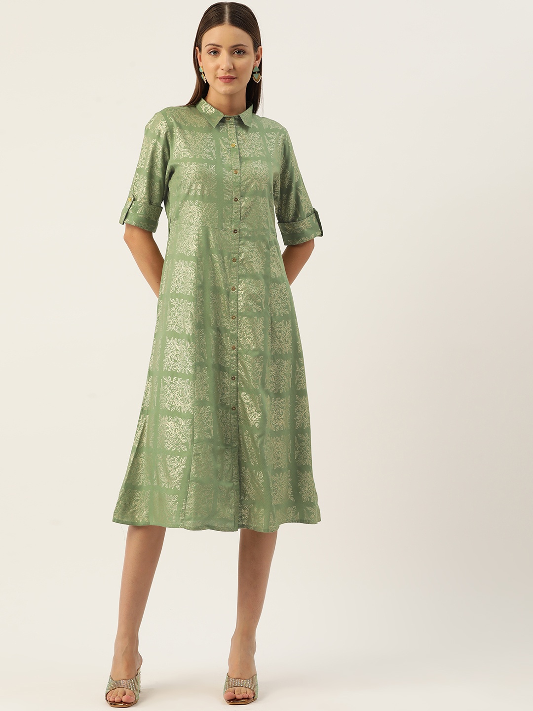 

MISRI Floral Print Roll-Up Sleeves Shirt Dress, Green