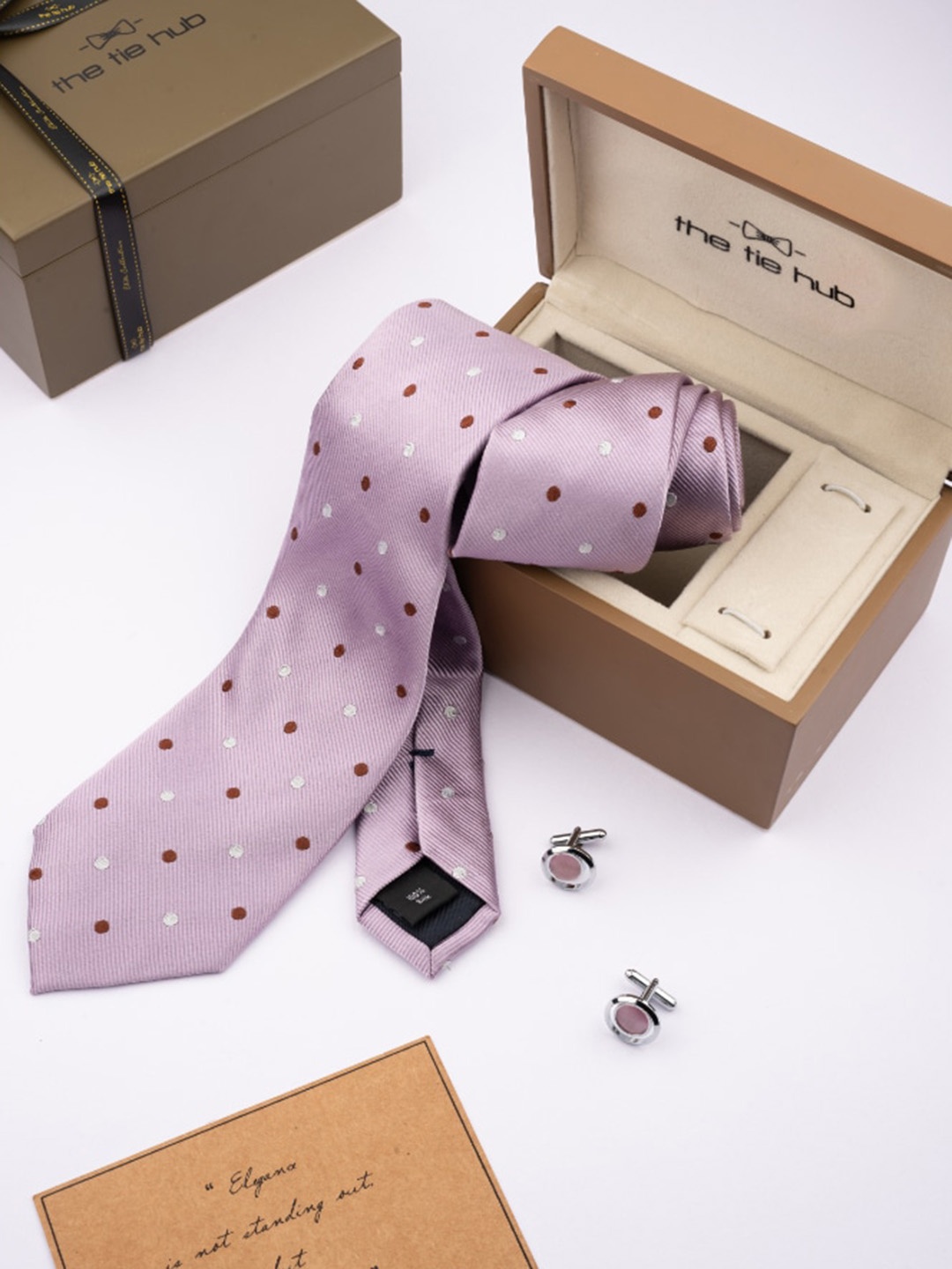 

The Tie Hub Men Polka Dots Printed Necktie With Cufflink Accessory Gift Set, Pink