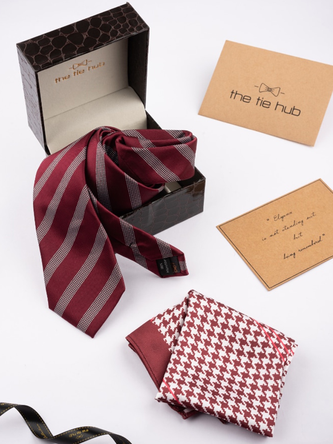 

The Tie Hub Men Woven Design Necktie With Pocket Square Combo Set, Burgundy