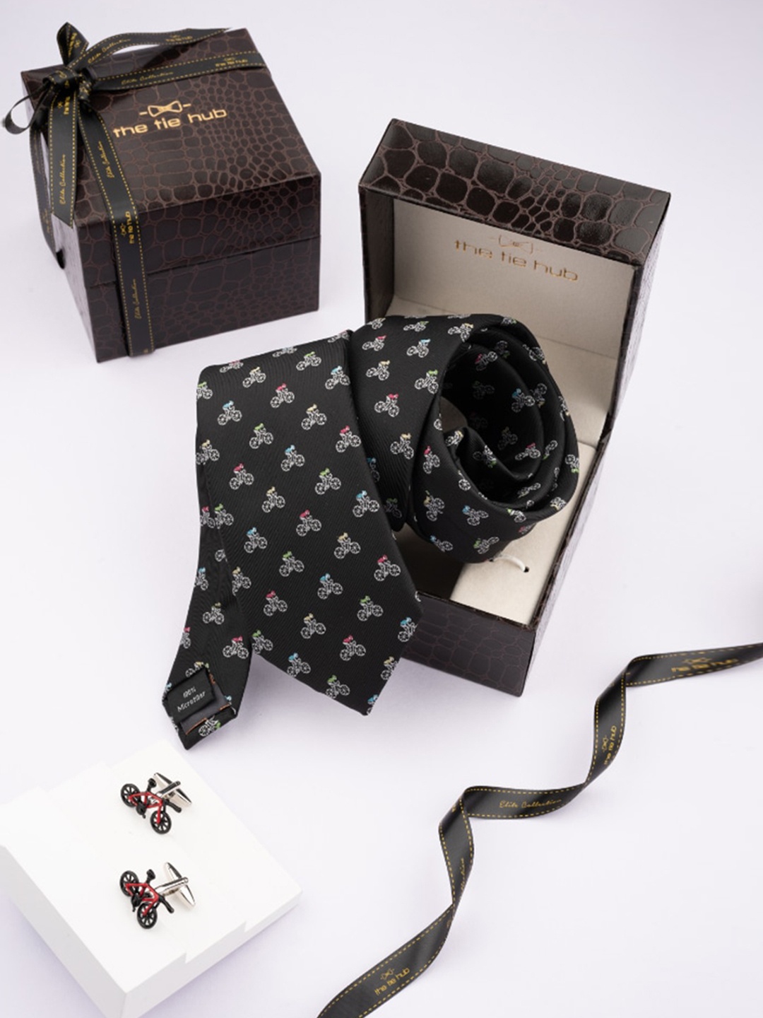 

The Tie Hub Men Printed Necktie With Cufflinks Accessory Gift Set, Black