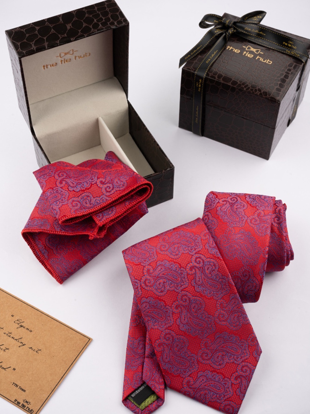 

The Tie Hub Men Woven Design Necktie With Pocket Square Combo Set, Red